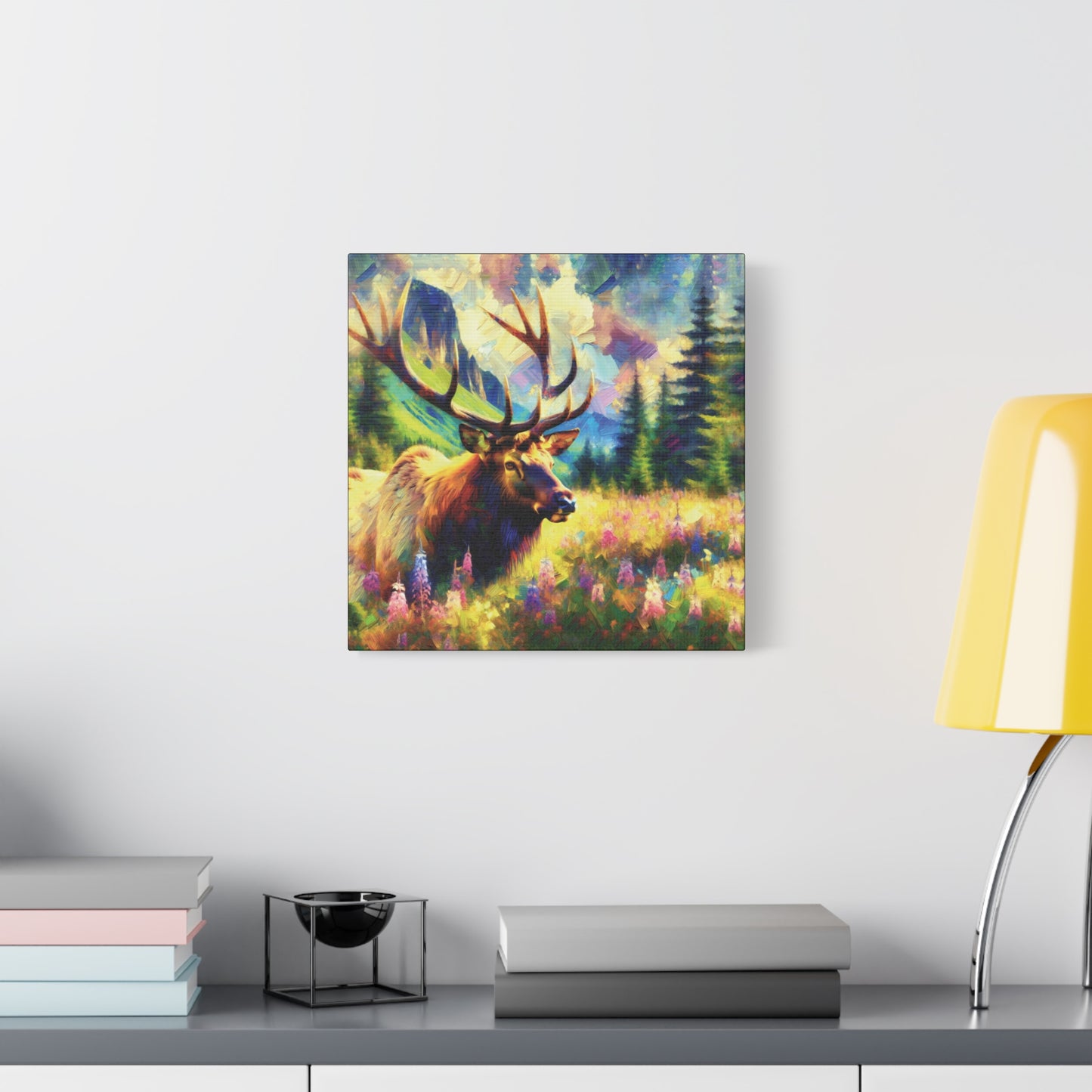 Bull Elk in Mountain Meadow Impressionist Canvas Art Print