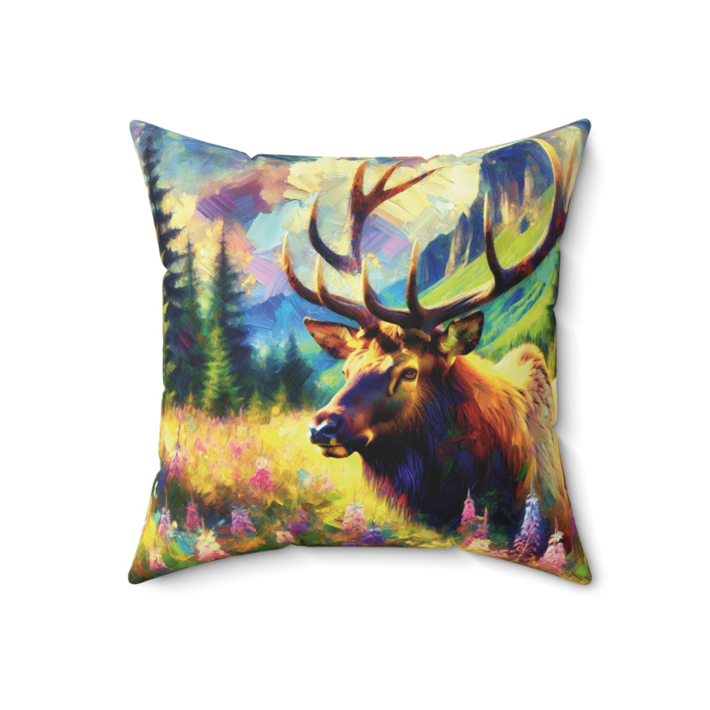 Bull Elk in Mountain Meadow - Square Throw Pillows