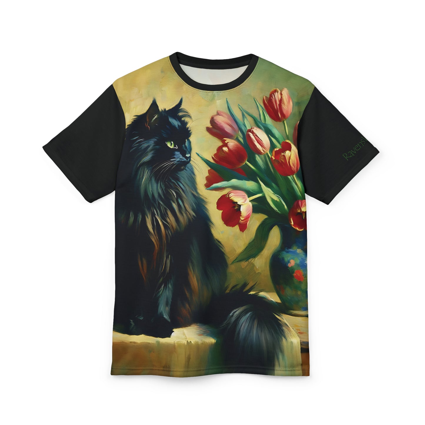 The Artist's Black Cat with Red Tulips Vibrant Art Tee | Colorful Unisex Cut & Sew T-Shirt, Wildlife Apparel, Unique Graphic Tee, Birthday Gift
