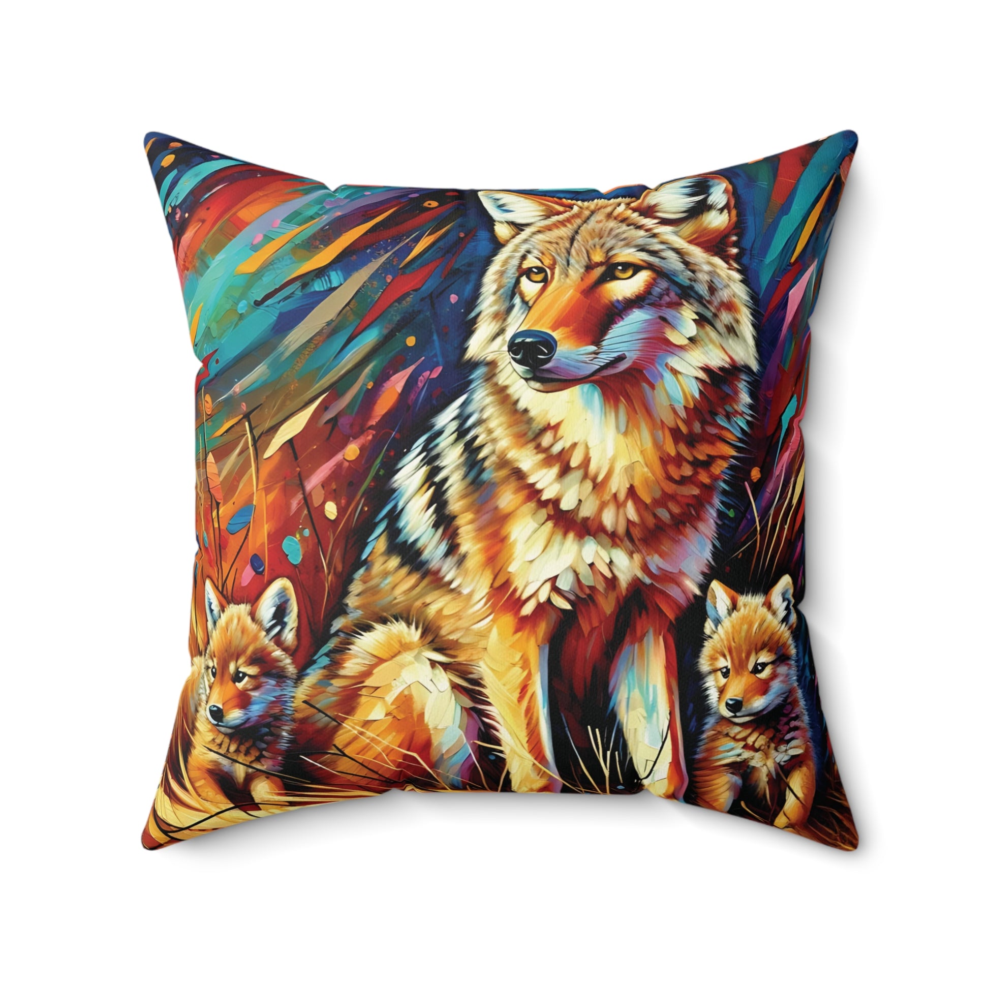 Decorative pillow with a colorful coyote and cub design