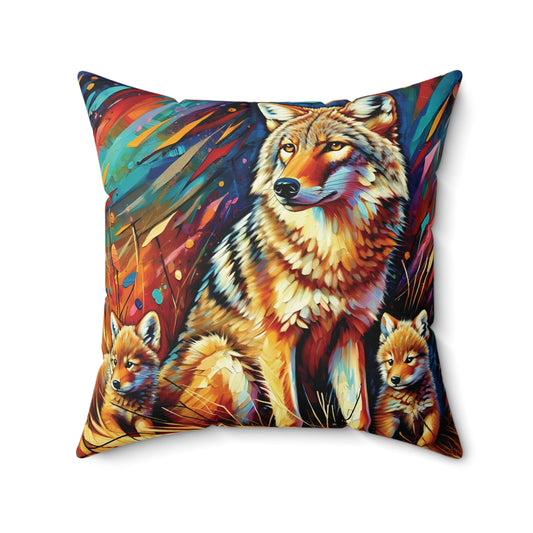 Decorative pillow with a colorful coyote and cub design