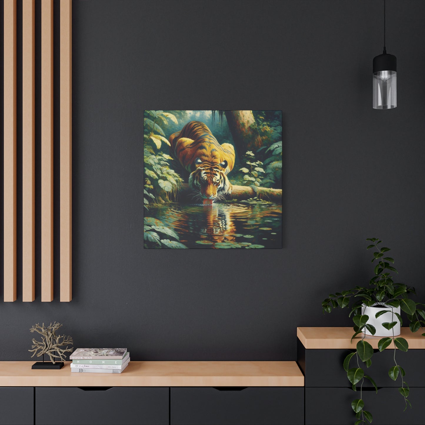 Tiger at Pond Impressionist Canvas Art Print