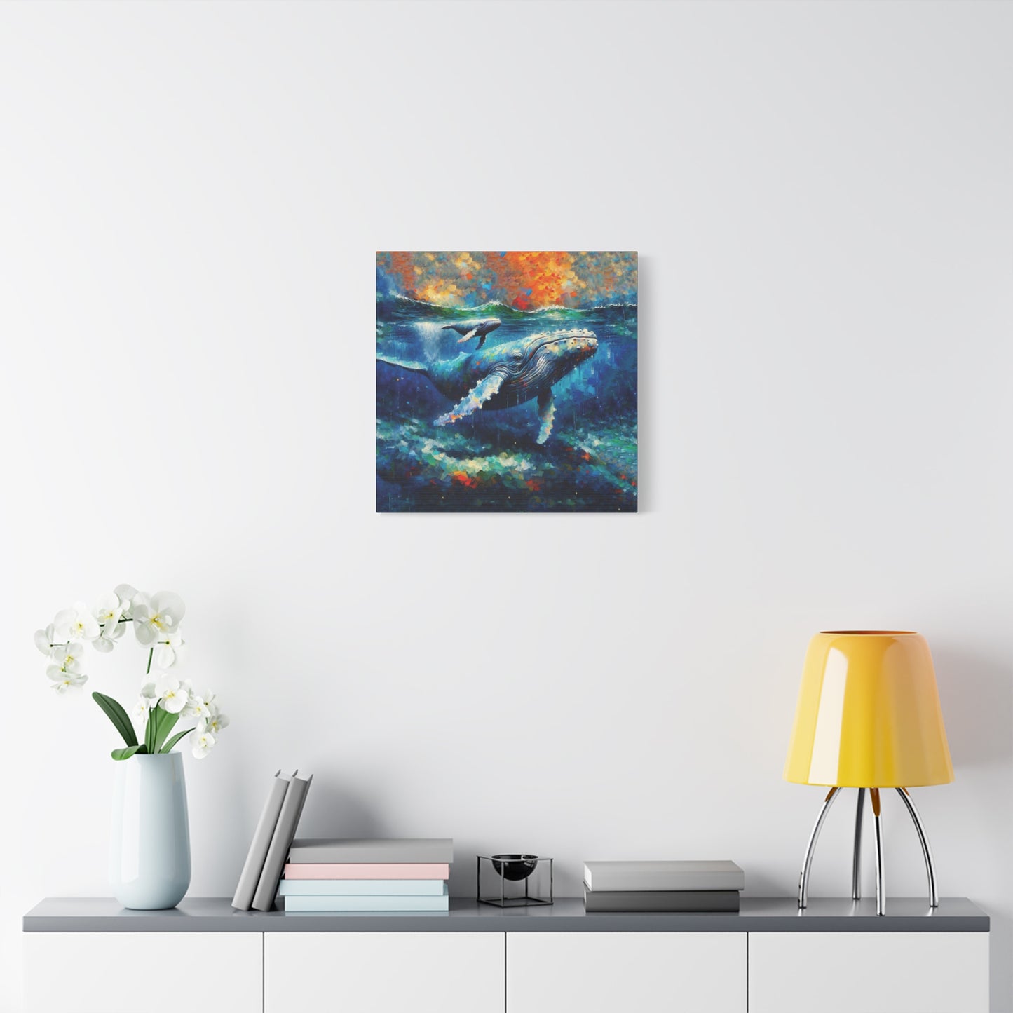 Humpback Whale and Calf Expressionist Canvas Art Print