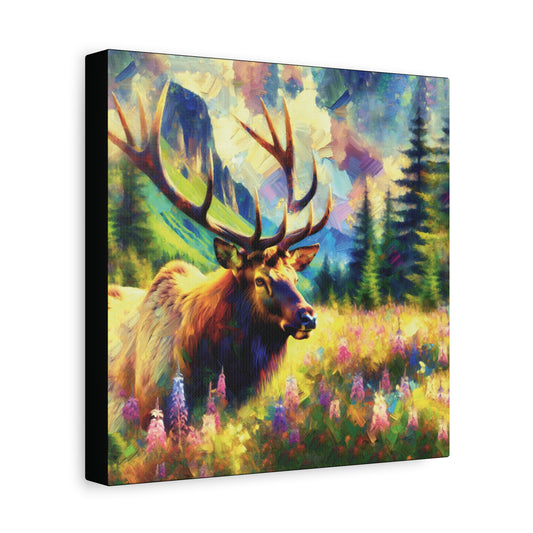 Canvas print of a bull elk in a forest meadow with colorful foliage
