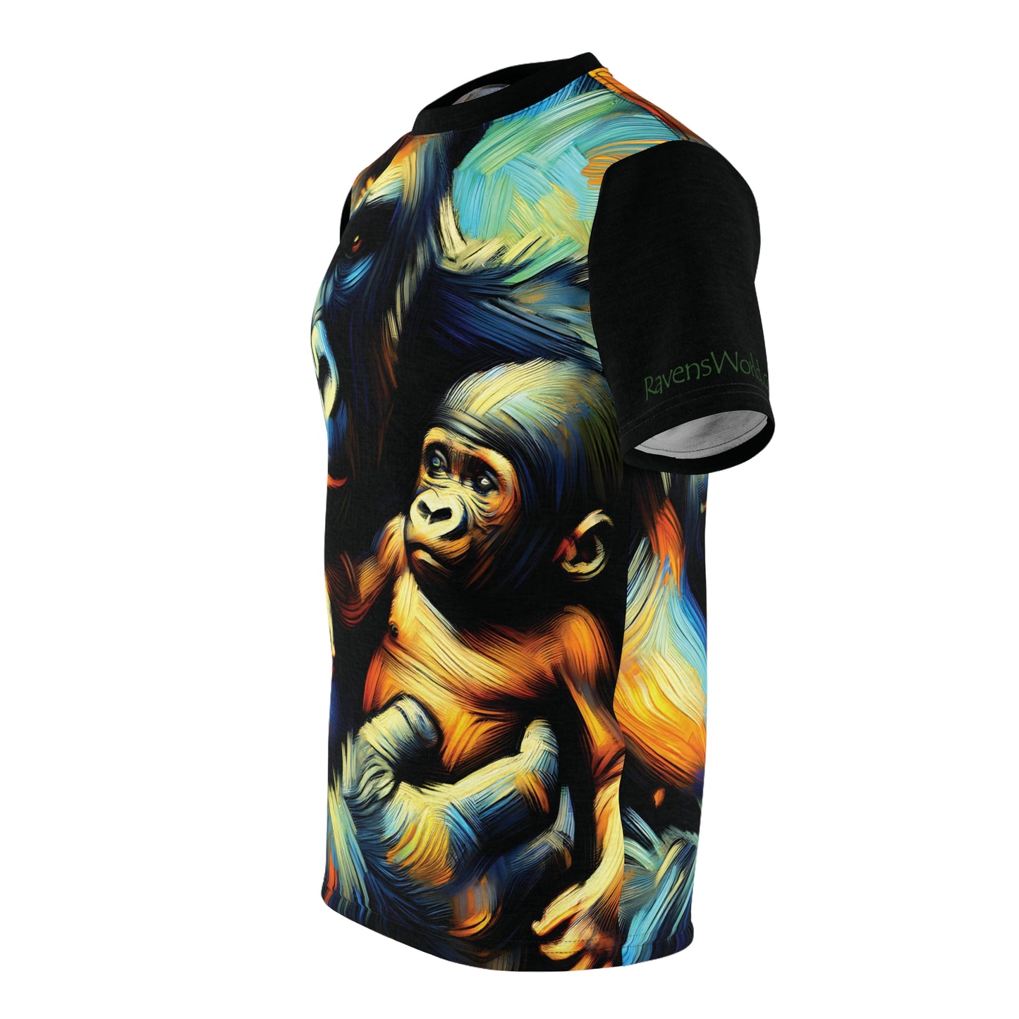 Gorilla Holding Baby Art Tee | Colorful Unisex Cut & Sew T-Shirt, Wildlife Apparel, Unique Graphic Tee, Birthday Gift