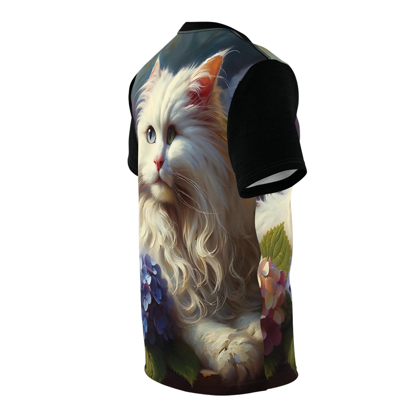 Young White Cat with Hydrangeas Vibrant Art Tee | Colorful Unisex Cut & Sew T-Shirt, Cat Lover Apparel, Unique Graphic Tee, Birthday Gift