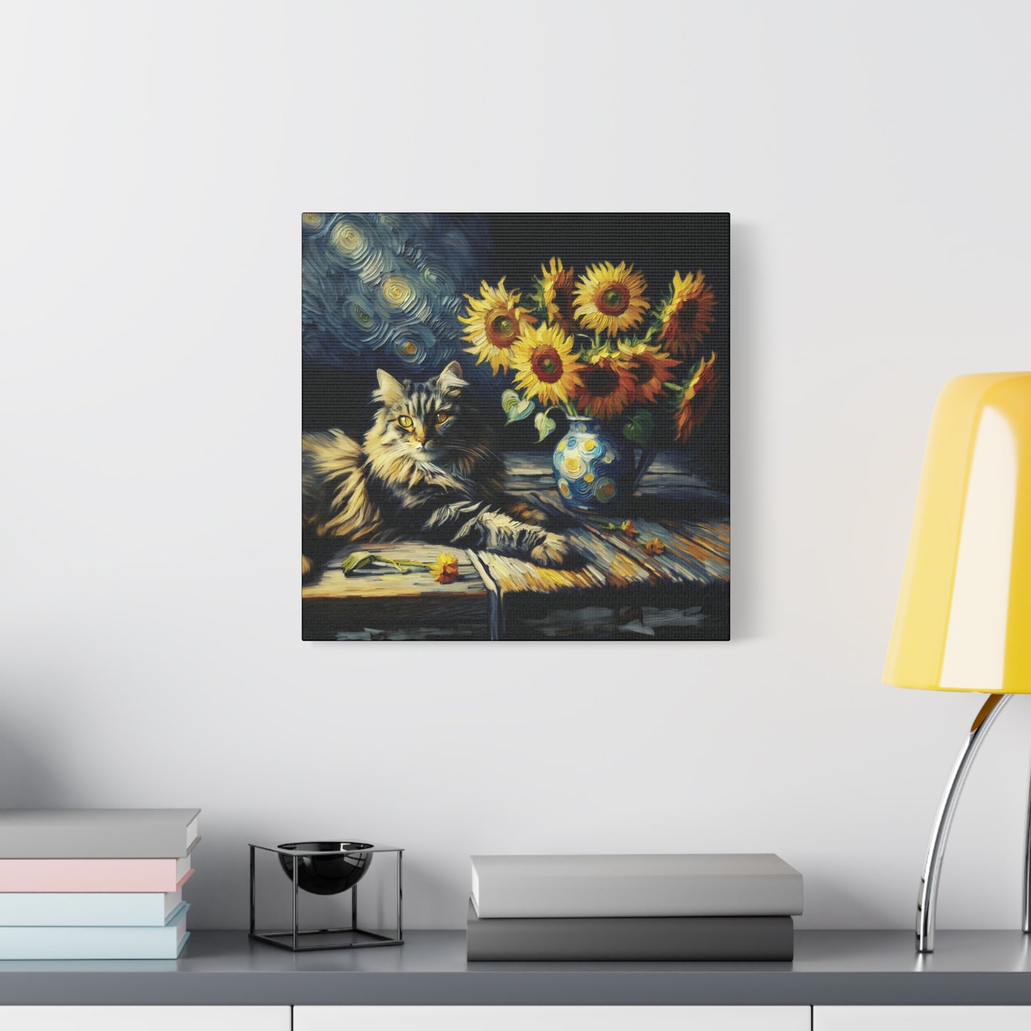 Canvas Wall Art - Grey Tabby Cat with Sunflowers - Old Master Style Art