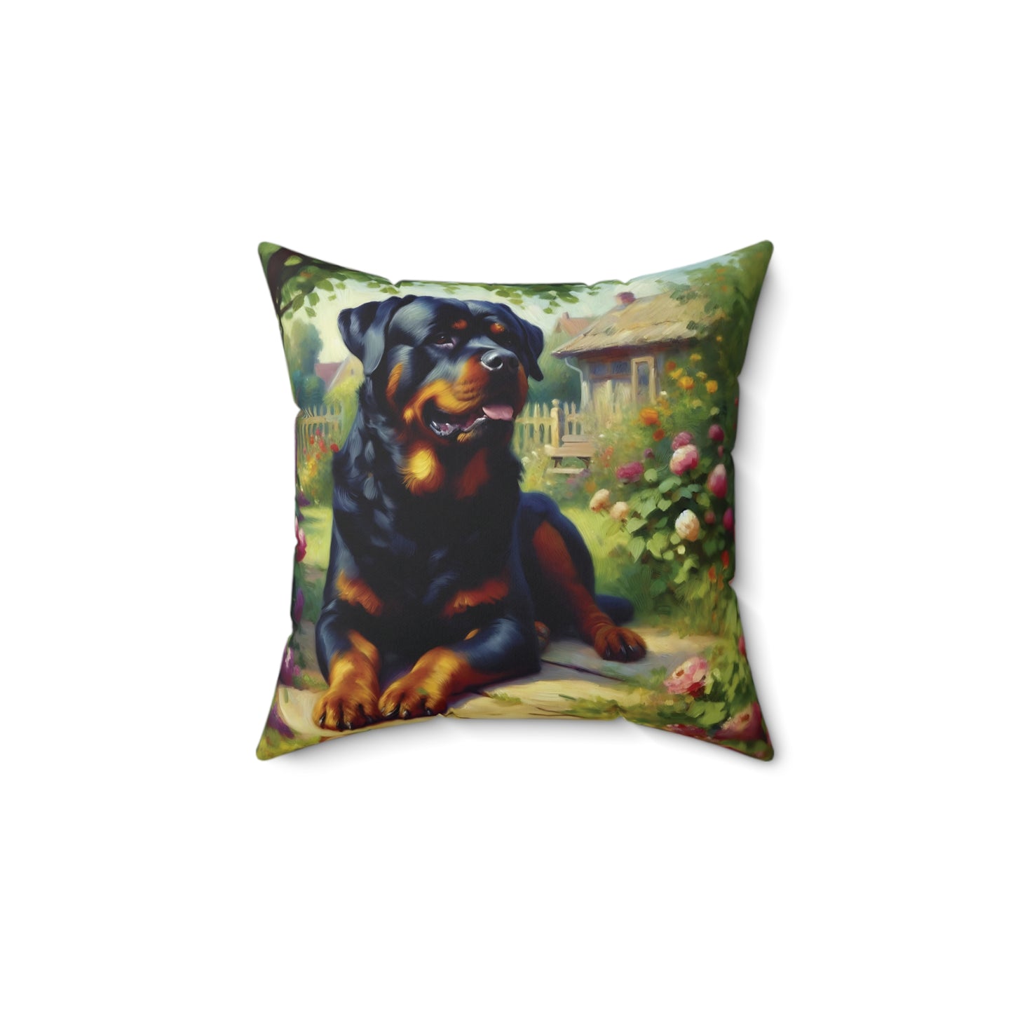 Rottweiler Throw Pillow - Impressionist Style Art - Rottweiler in Garden on Faux Suede Square Pillow