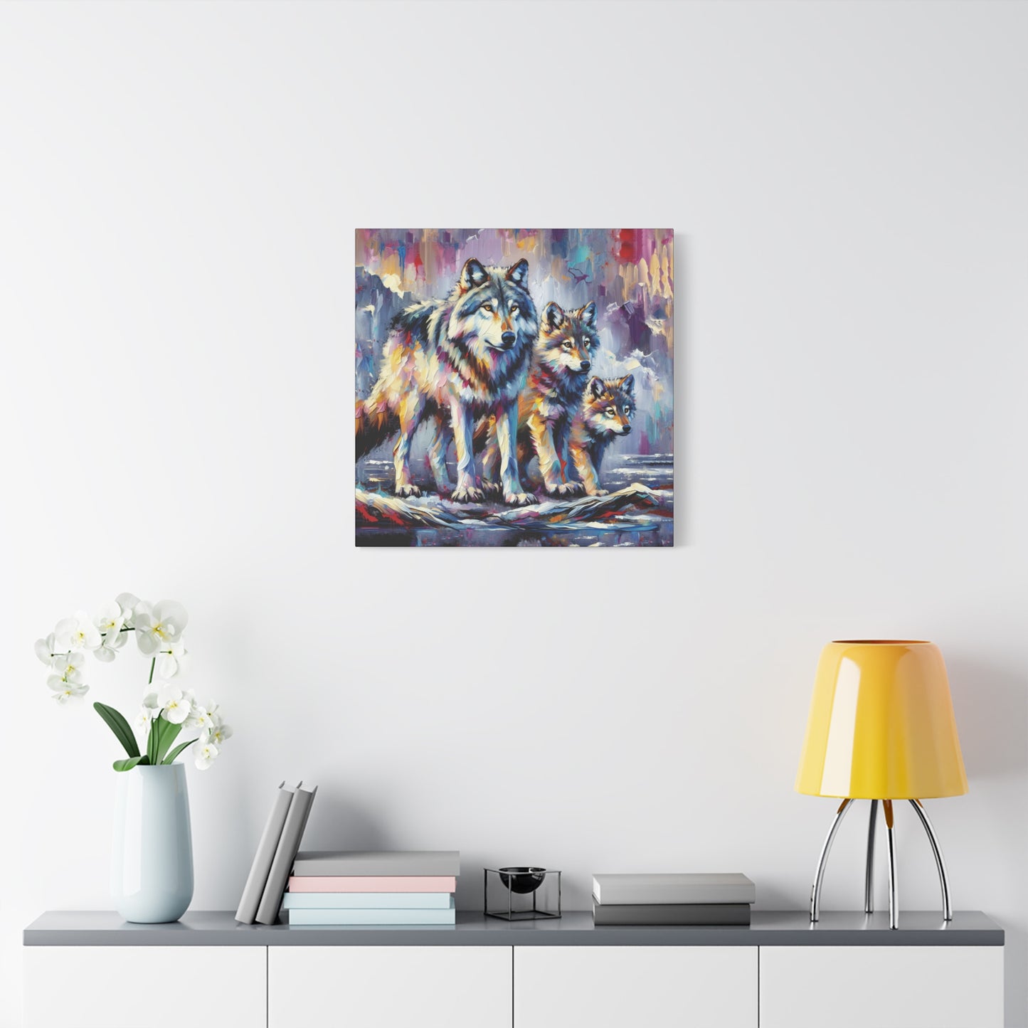 Wolf Canvas Wall Art - Wolf with Juveniles Expressionist Canvas Print