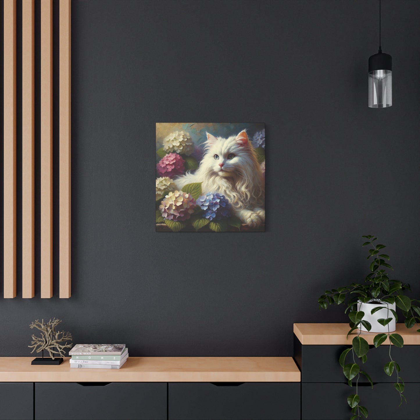 The Artist's White Cat with Hydrangeas, Impressionist Style Canvas Wall Art