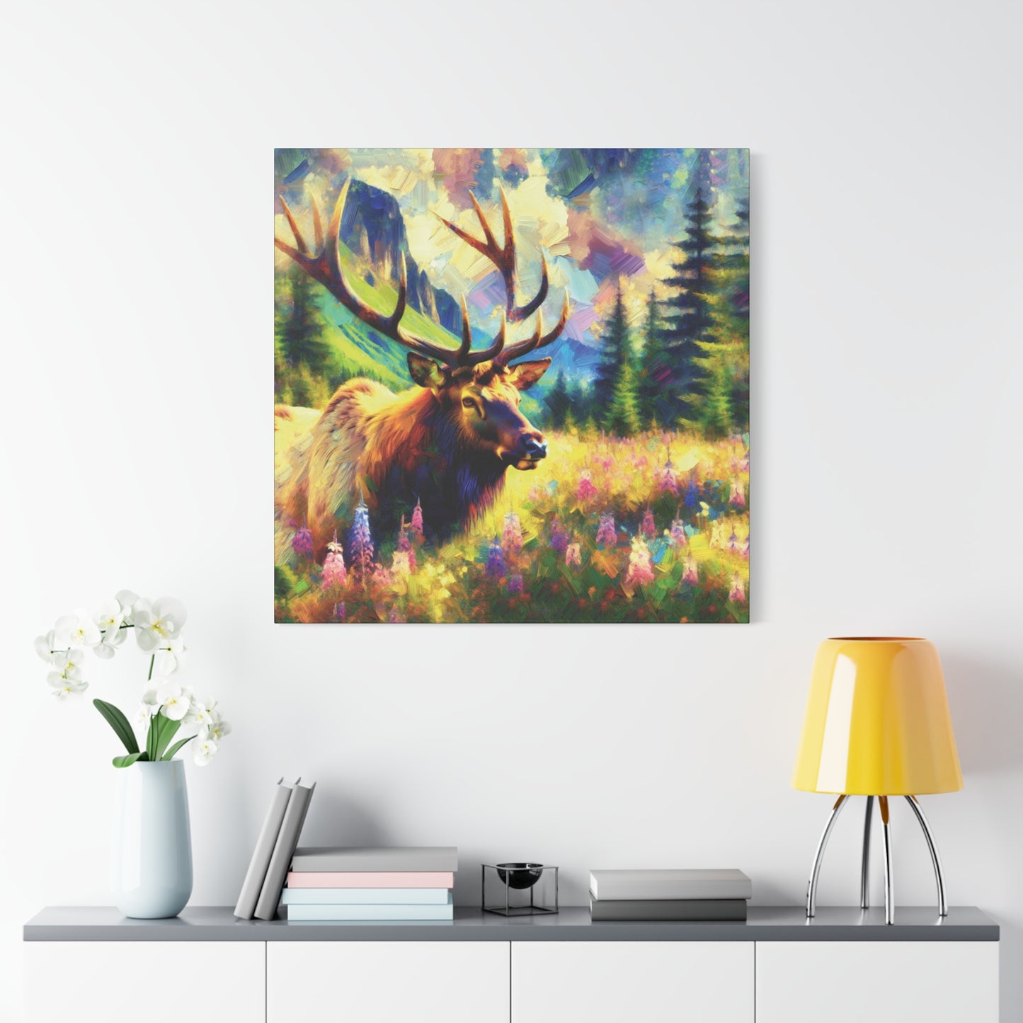Bull Elk in Mountain Meadow Impressionist Canvas Art Print