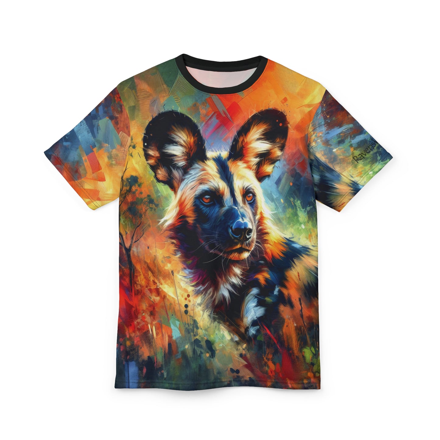 African Wild Dog Portrait Vibrant Art Tee | Colorful Unisex Cut & Sew T-Shirt, Wildlife Apparel, Unique Graphic Tee, Birthday Gift