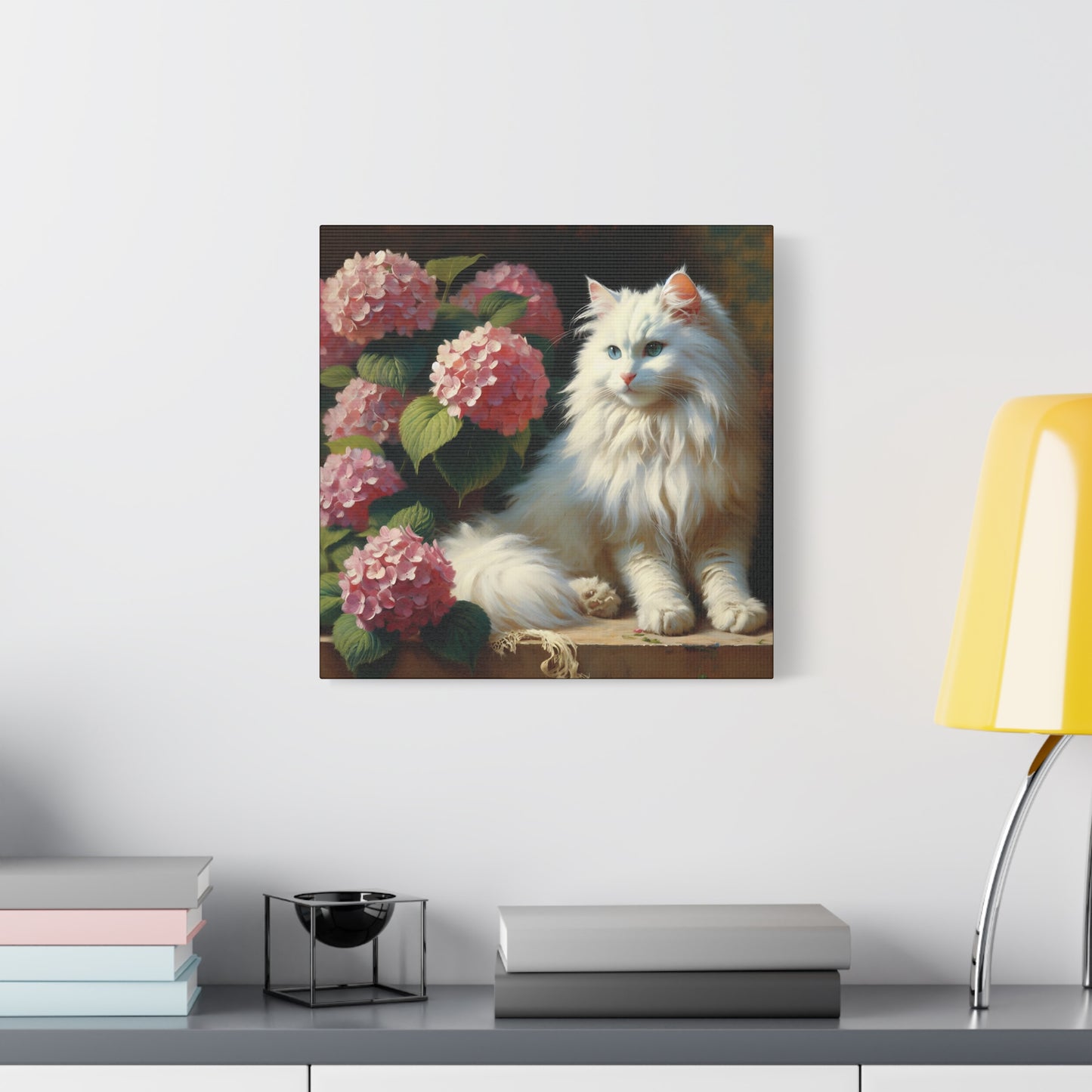 Canvas Wall Art - Blue-Eyed White Cat with Pink Hydrangeas, Impressionist Style Square Print