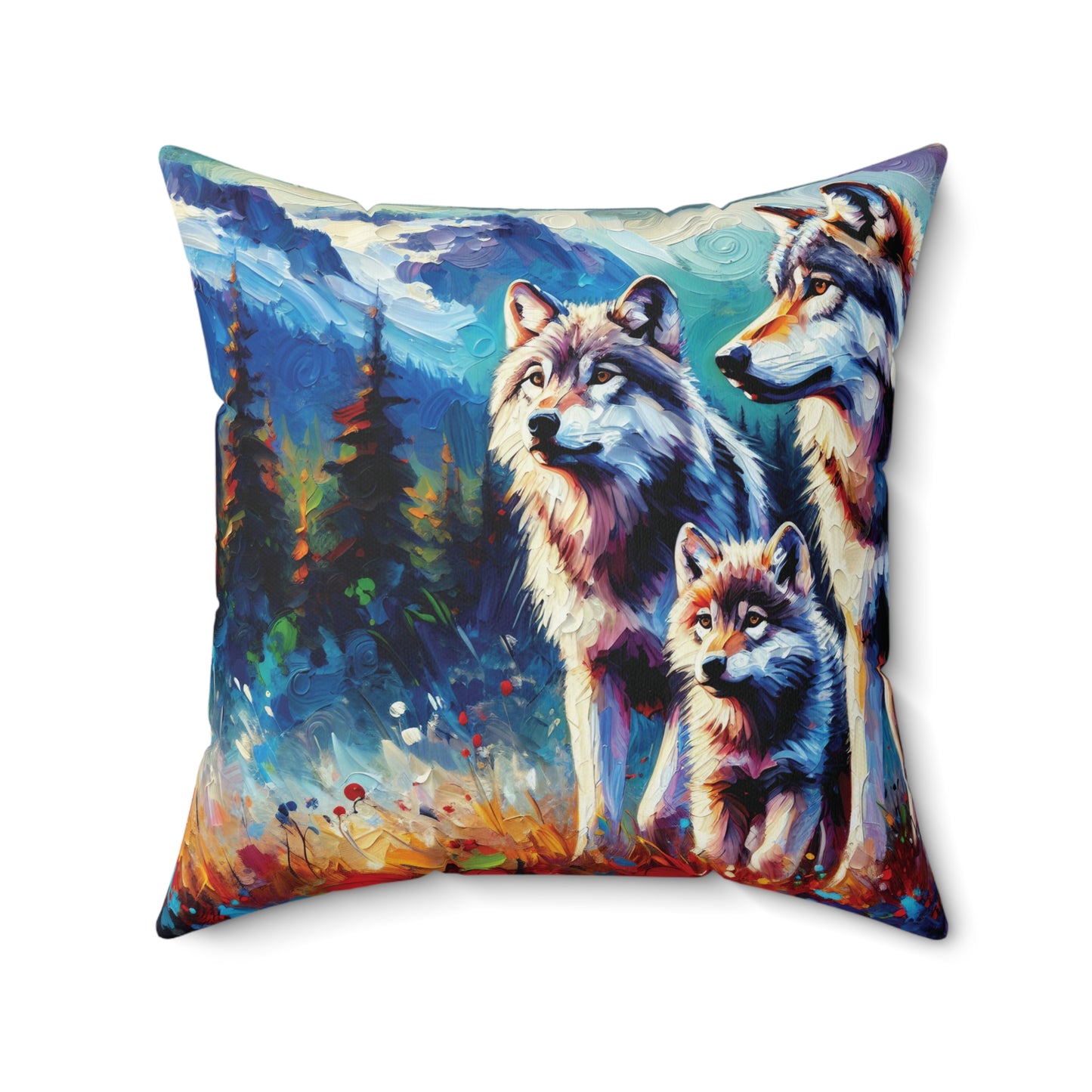 Gray Wolf Family - Square Throw Pillows