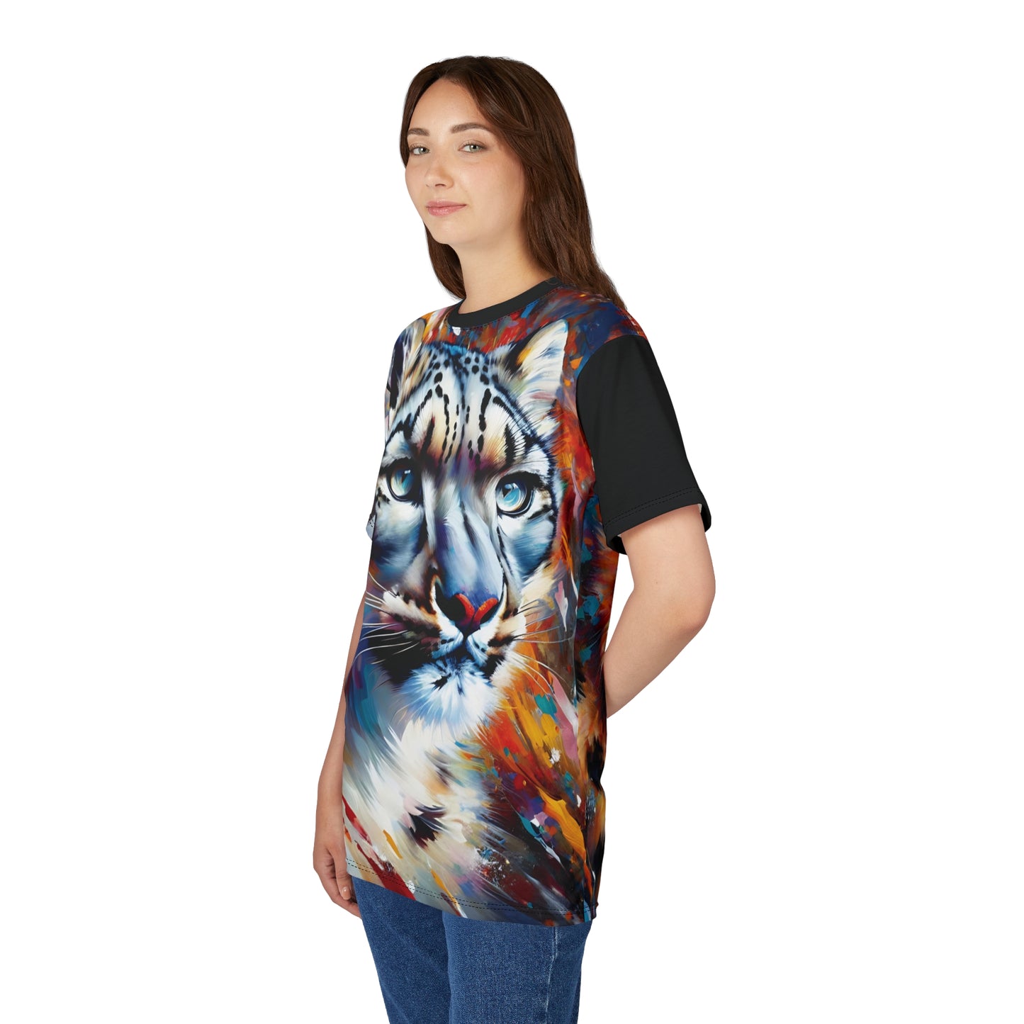 Colorful Snow Leopard Vibrant Art Tee | Colorful Unisex Cut & Sew T-Shirt, Wildlife Apparel, Unique Graphic Tee, Birthday Gift