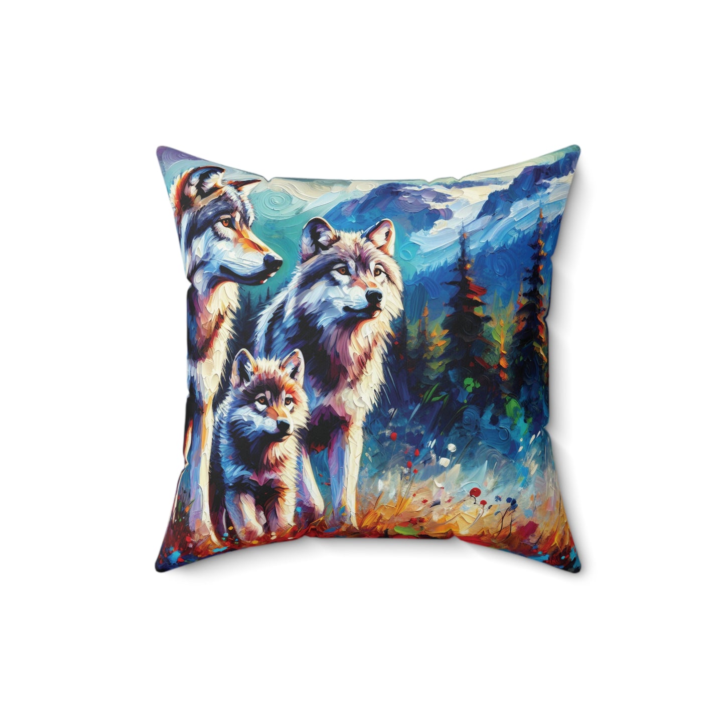 Gray Wolf Family - Square Throw Pillows