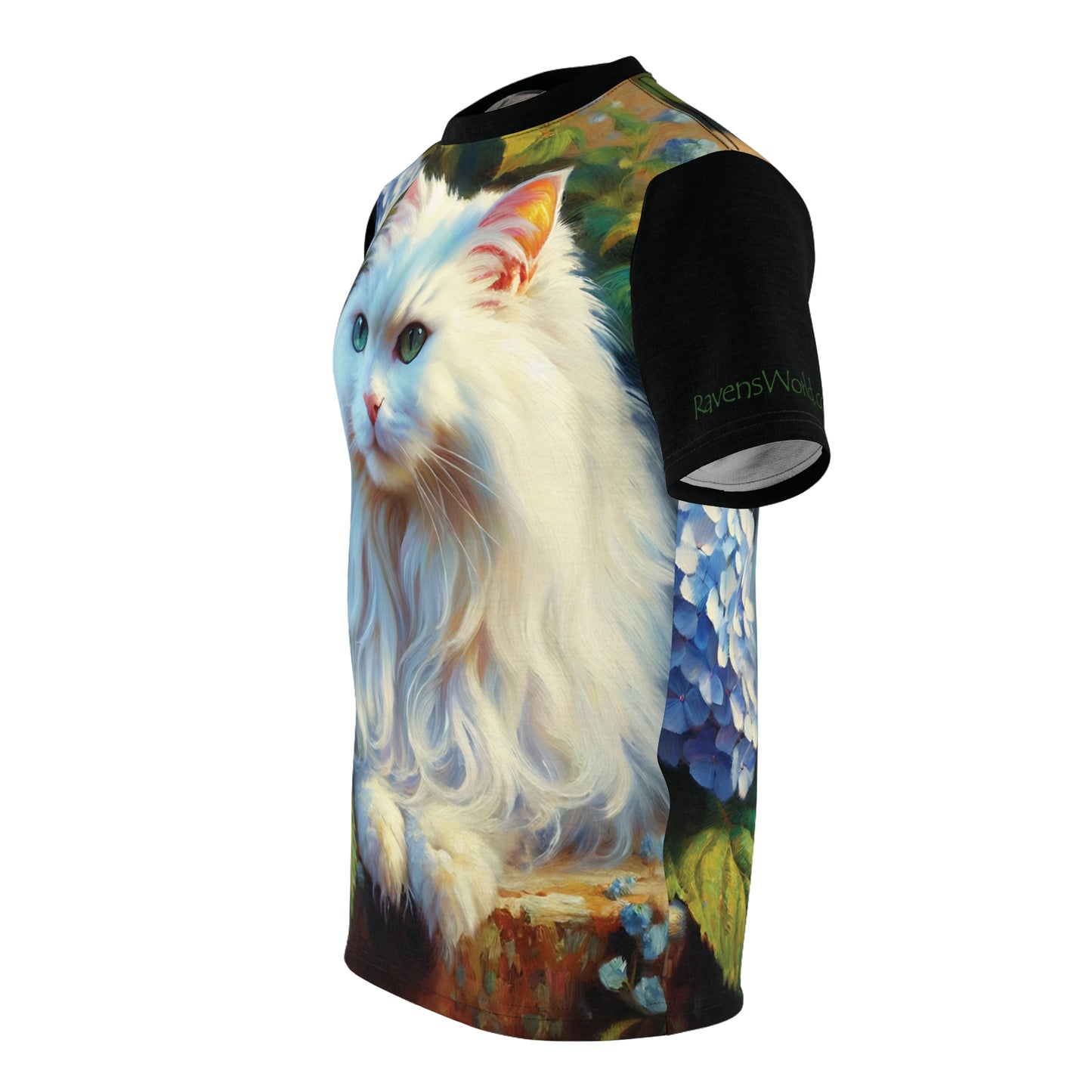 White Cat with Hydrangeas Vibrant Art Tee | Colorful Unisex Cut & Sew T-Shirt, Cat Lover Apparel, Unique Graphic Tee, Birthday Gift