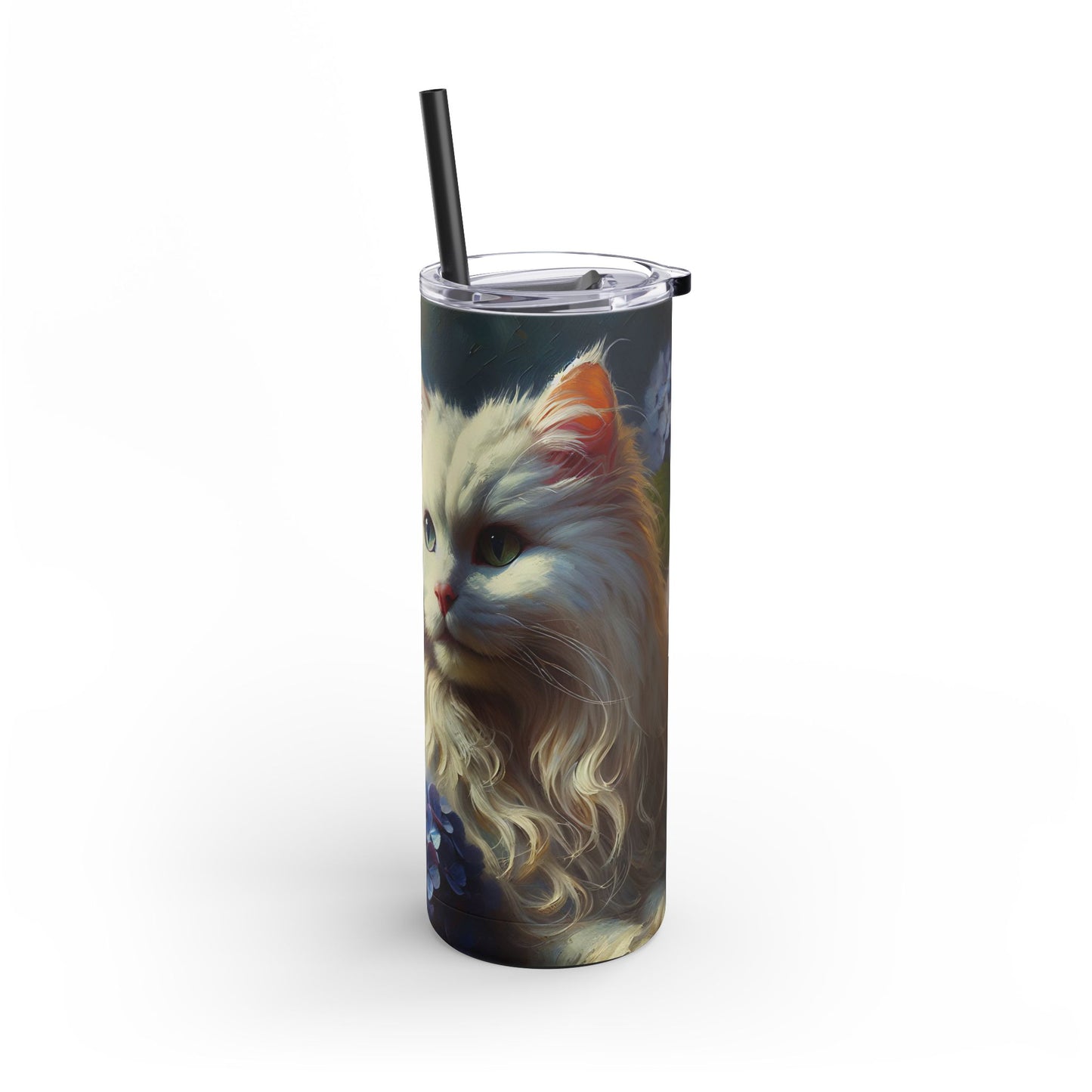 Travel Mug - The Artist's White Cat with Hydrangeas - Impressionist Art Style
