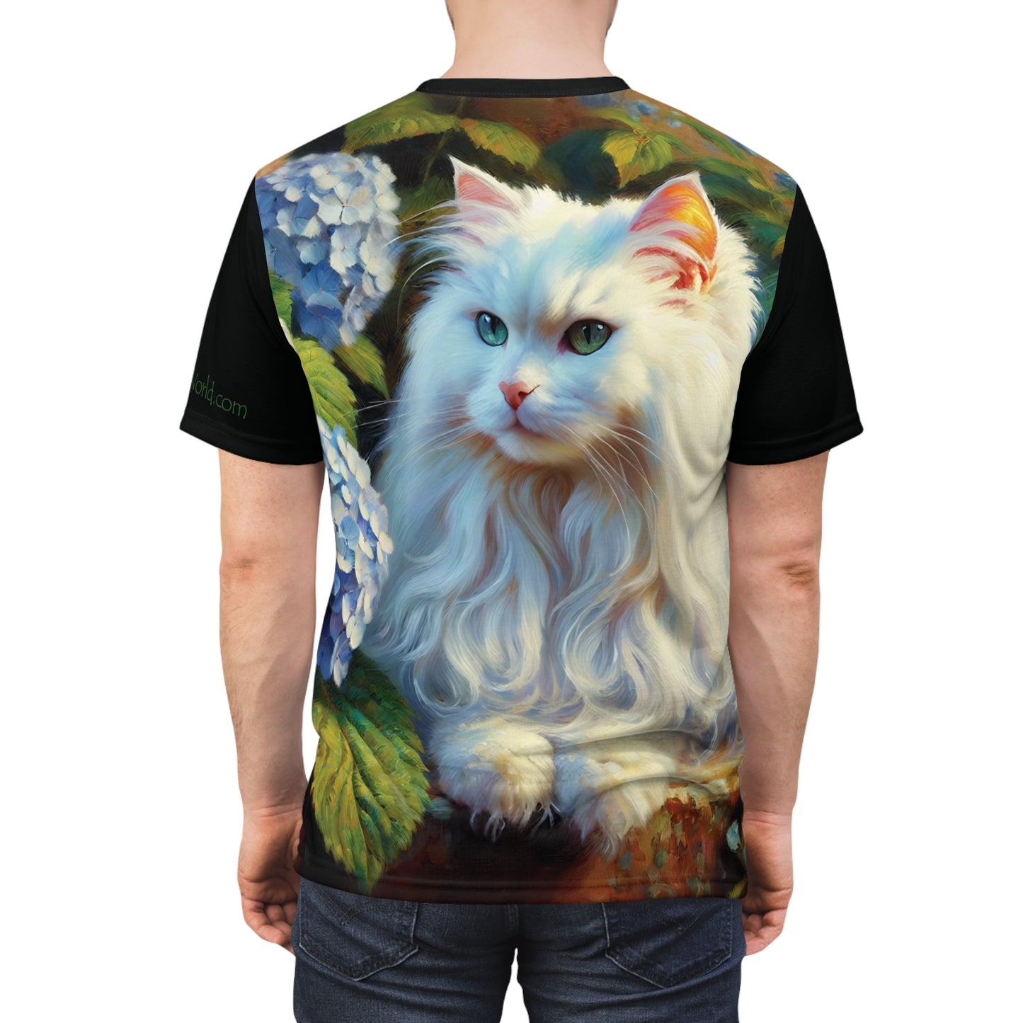 White Cat with Hydrangeas Vibrant Art Tee | Colorful Unisex Cut & Sew T-Shirt, Cat Lover Apparel, Unique Graphic Tee, Birthday Gift