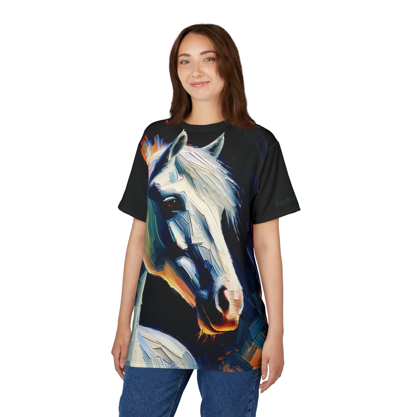 White Arabian Portrait Vibrant Art Tee | Colorful Unisex Cut & Sew T-Shirt, Wildlife Apparel, Unique Graphic Tee, Birthday Gift