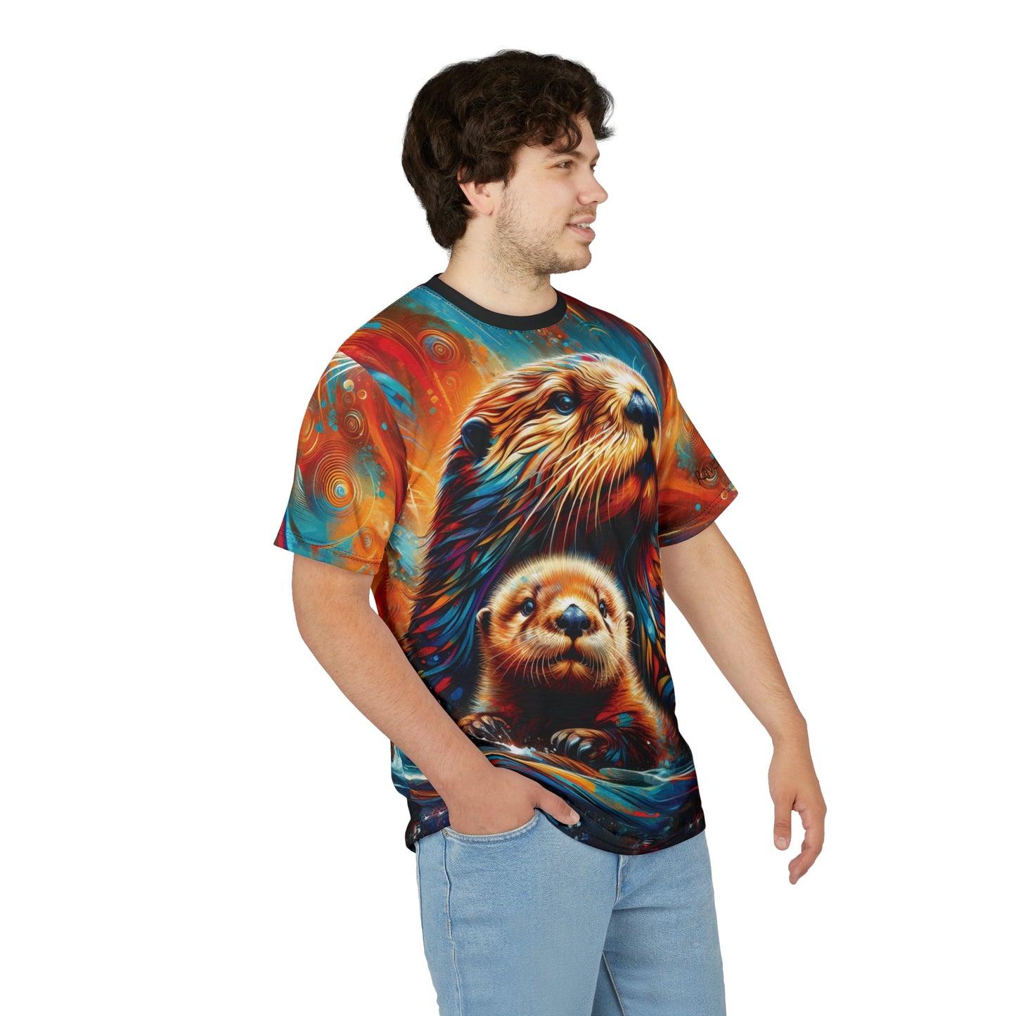 Sea Otters at Sunset Vibrant Art Tee | Colorful Unisex Cut & Sew T-Shirt, Wildlife Apparel, Unique Graphic Tee, Birthday Gift