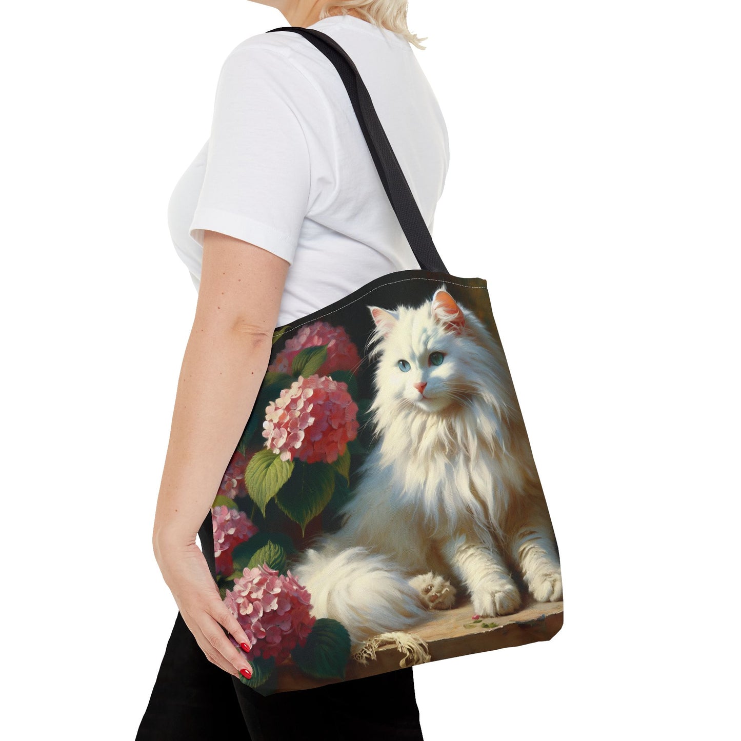 Cat Tote Bag with Pink Hydrangeas - Impressionist Style Art