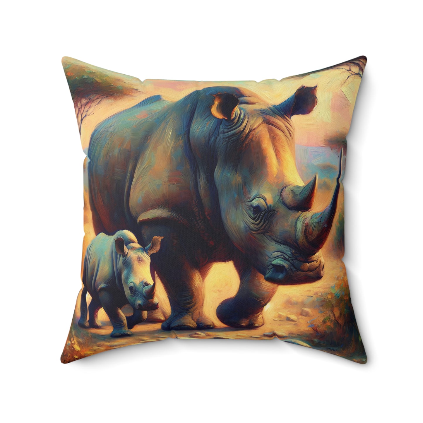 Rhino Throw Pillow - Rhino with Baby Impressionist Style Art on Faux Suede Square Pillow