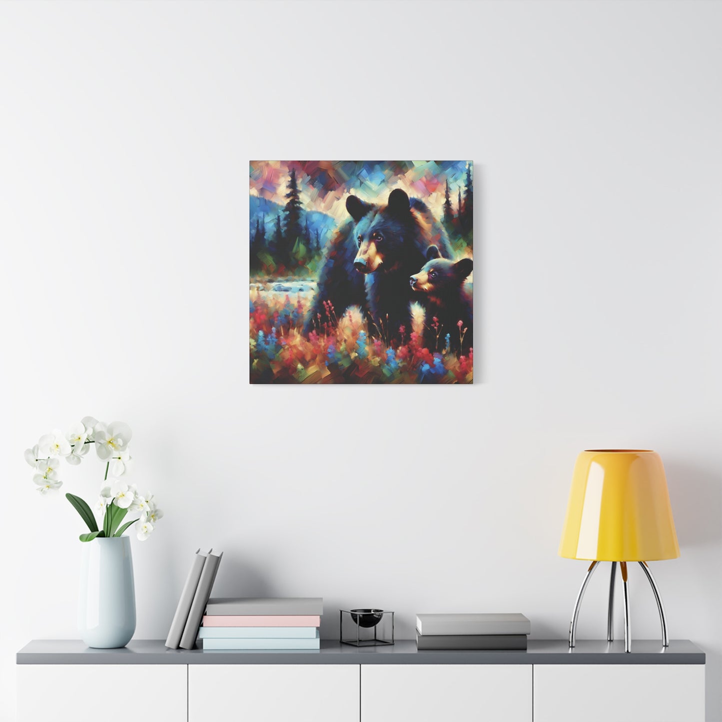 Canvas Wall Art - Black Bear with Cub in Forest Clearing - Contemporary Impressionist Art Print