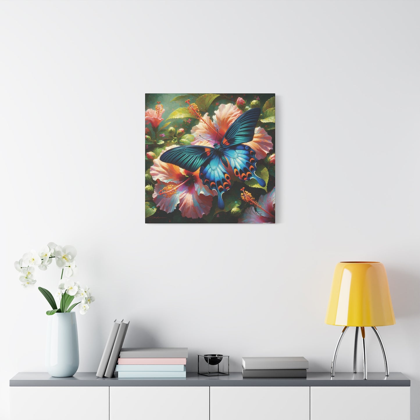 Butterfly Canvas Wall Art - Blue Butterfly with Hibiscus, Impressionist Art Style
