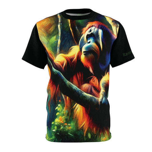 T-shirt with a colorful orangutan design on a black shirt