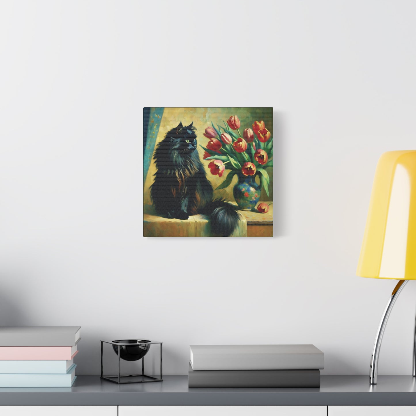 The Artist's Black Cat with Red Tulips - Impressionist Canvas Wall Art