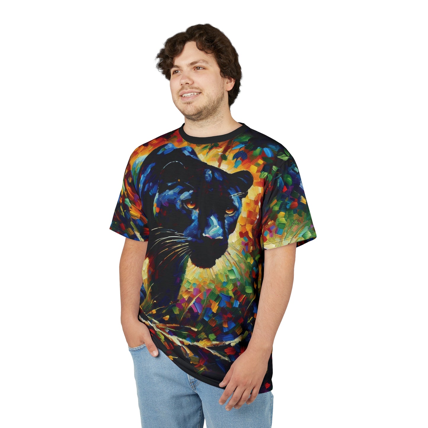 Stalking Black Panther in Jungle Vibrant Art Tee | Colorful Unisex Cut & Sew T-Shirt, Wildlife Apparel, Unique Graphic Tee, Birthday Gift