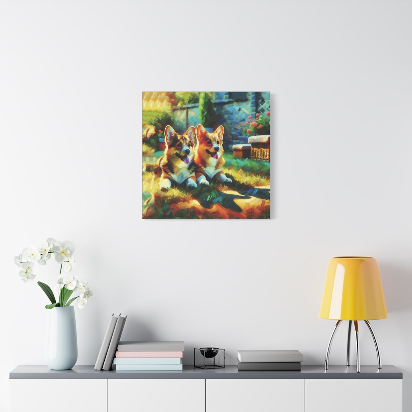 Canvas Wall Art - Pembroke Corgi Pair Resting in Garden - Contemporary Impressionist Print