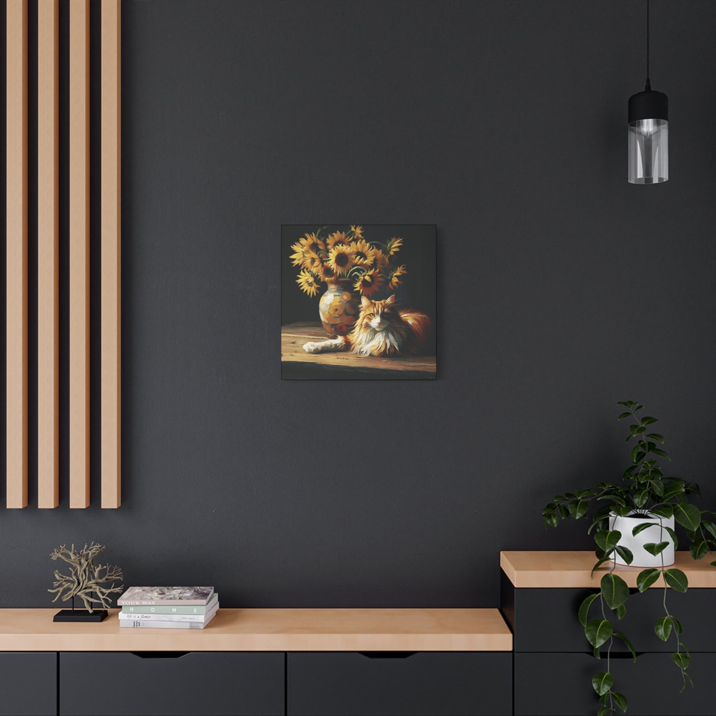 Canvas Wall Art - Orange and White Cat with Sunflowers Old Master Style Art