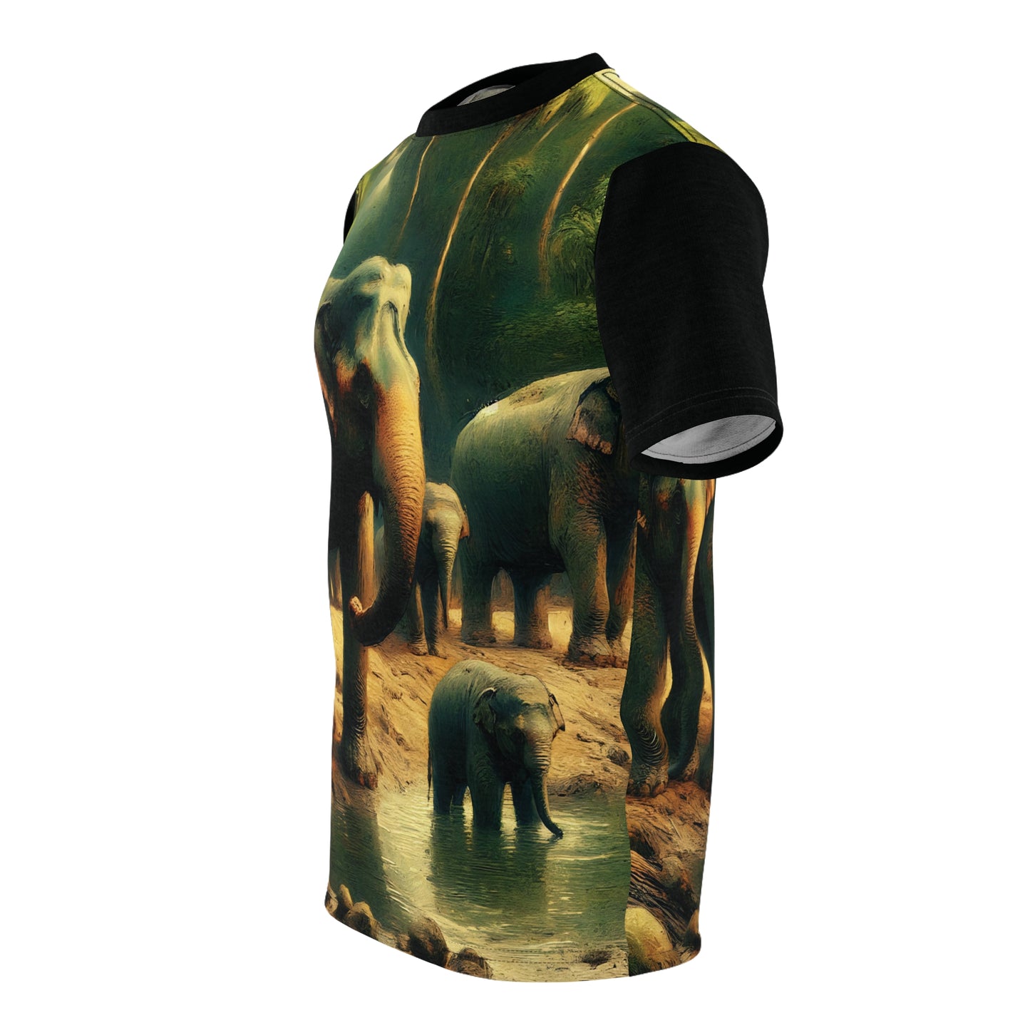 Asiatic Elephant Herd at Watering Hole Vibrant Art Tee | Colorful Unisex Cut & Sew T-Shirt, Wildlife Apparel, Unique Graphic Tee, Birthday Gift