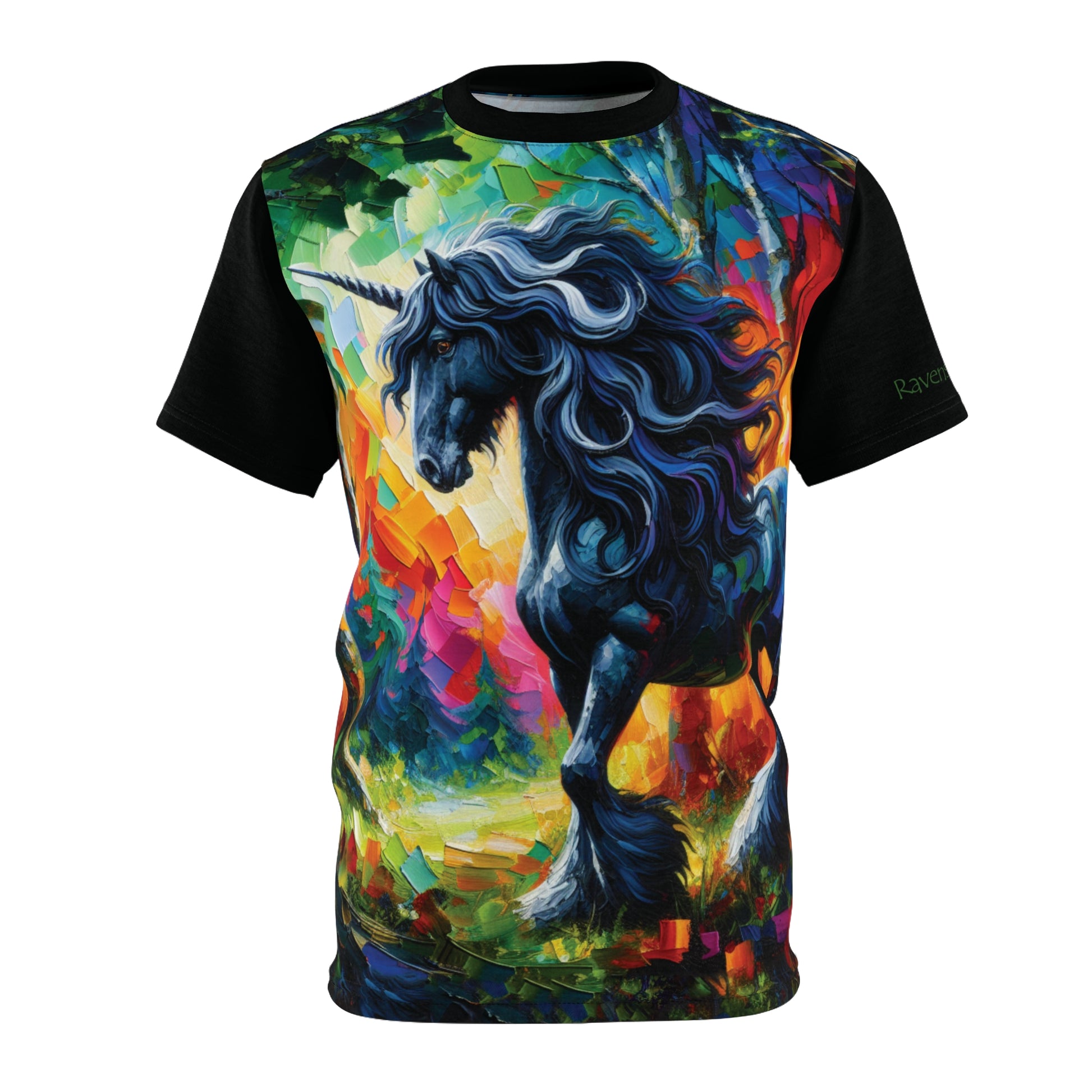 Colorful t-shirt with a unicorn design on a white background