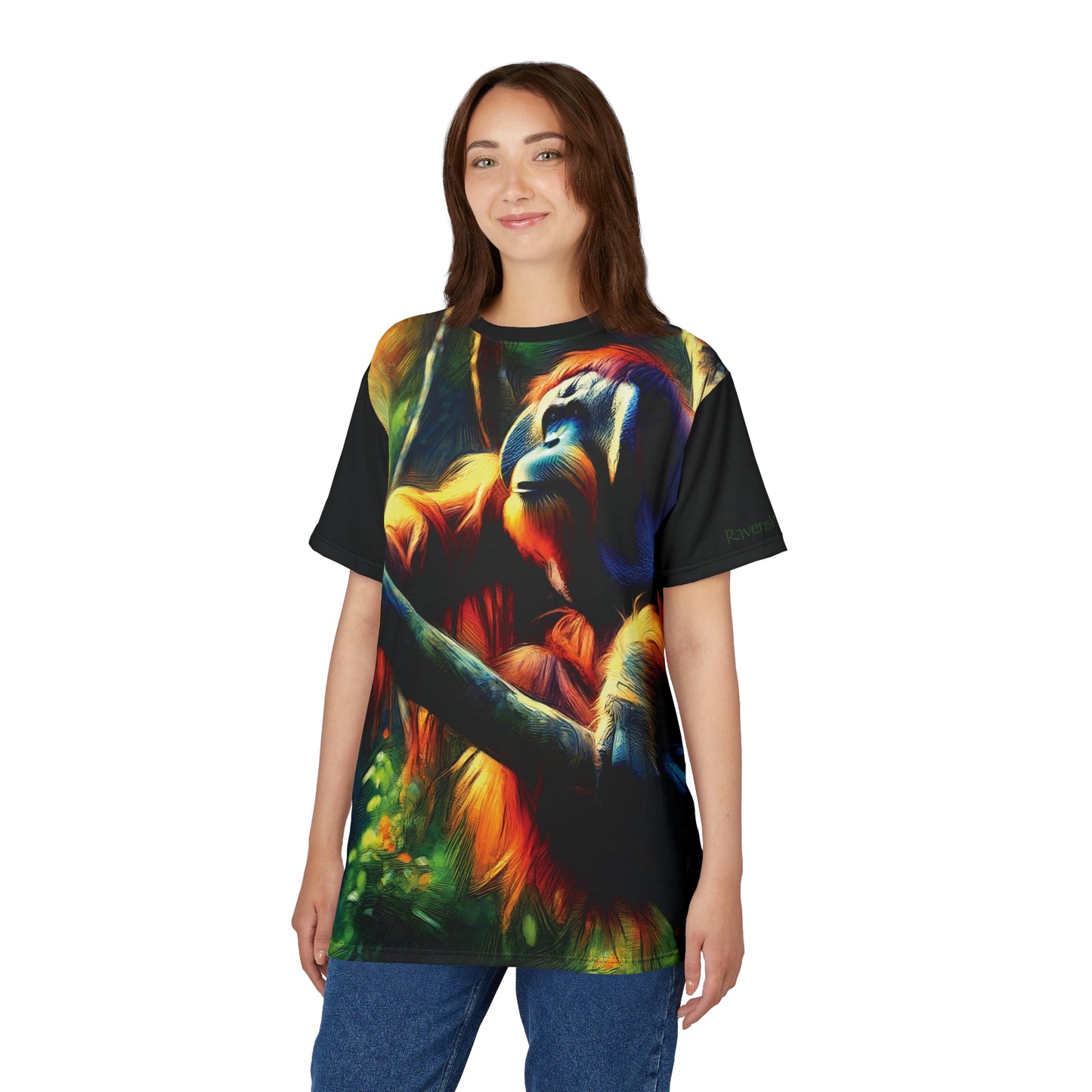 Orangutan in Tree Vibrant Art Tee | Colorful Unisex Cut & Sew T-Shirt, Wildlife Apparel, Unique Graphic Tee, Birthday Gift