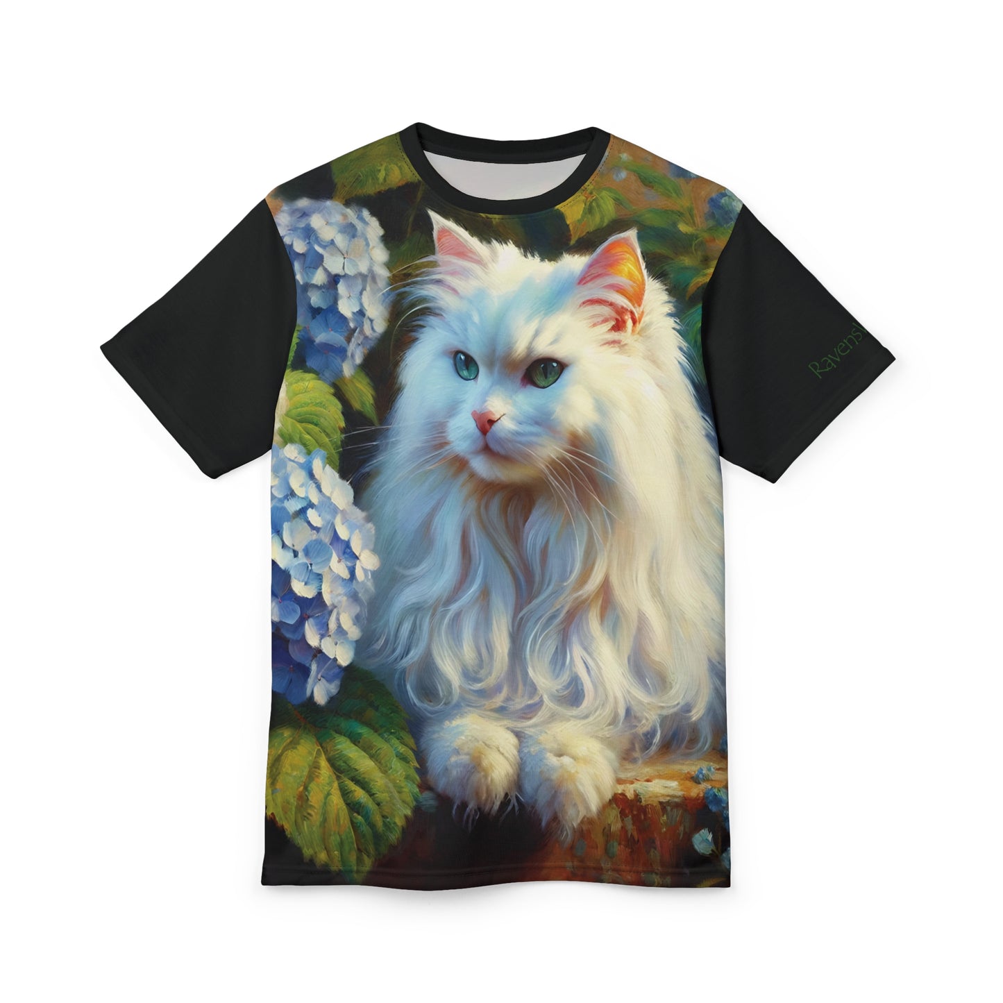 White Cat with Hydrangeas Vibrant Art Tee | Colorful Unisex Cut & Sew T-Shirt, Cat Lover Apparel, Unique Graphic Tee, Birthday Gift