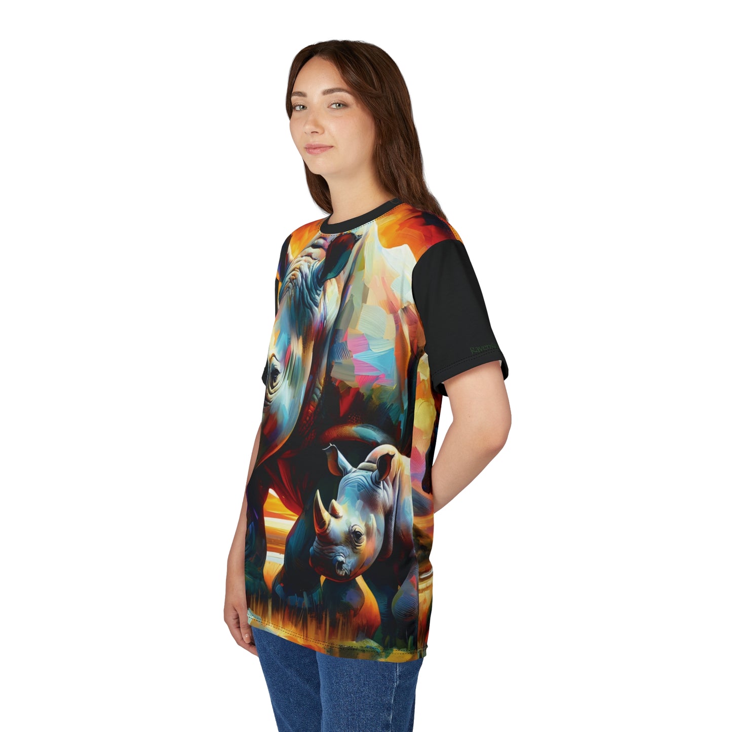 Rhinos at Sunset Art Tee | Colorful Unisex Cut & Sew T-Shirt, Wildlife Apparel, Unique Graphic Tee, Birthday Gift
