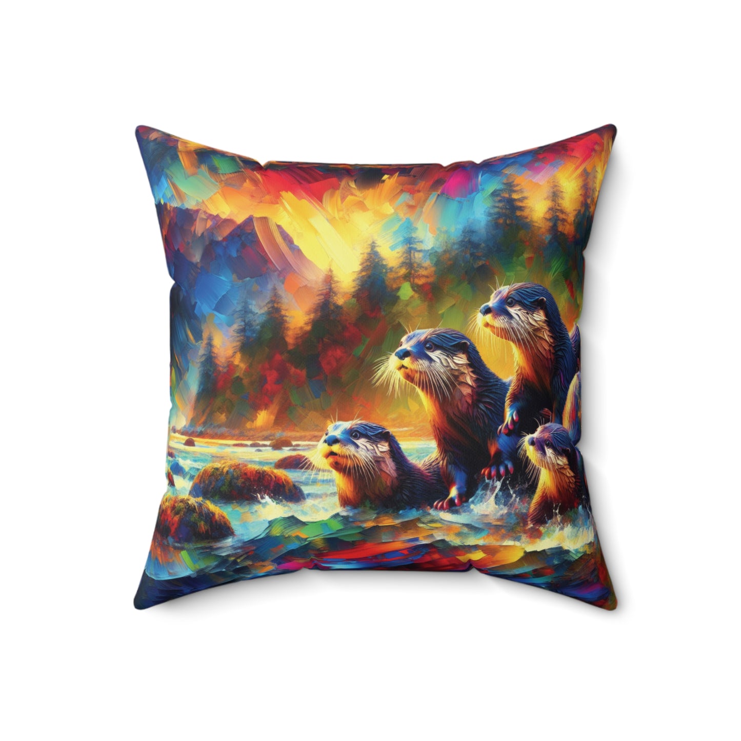 River Otters at Sunset - Spun Polyester Pillow