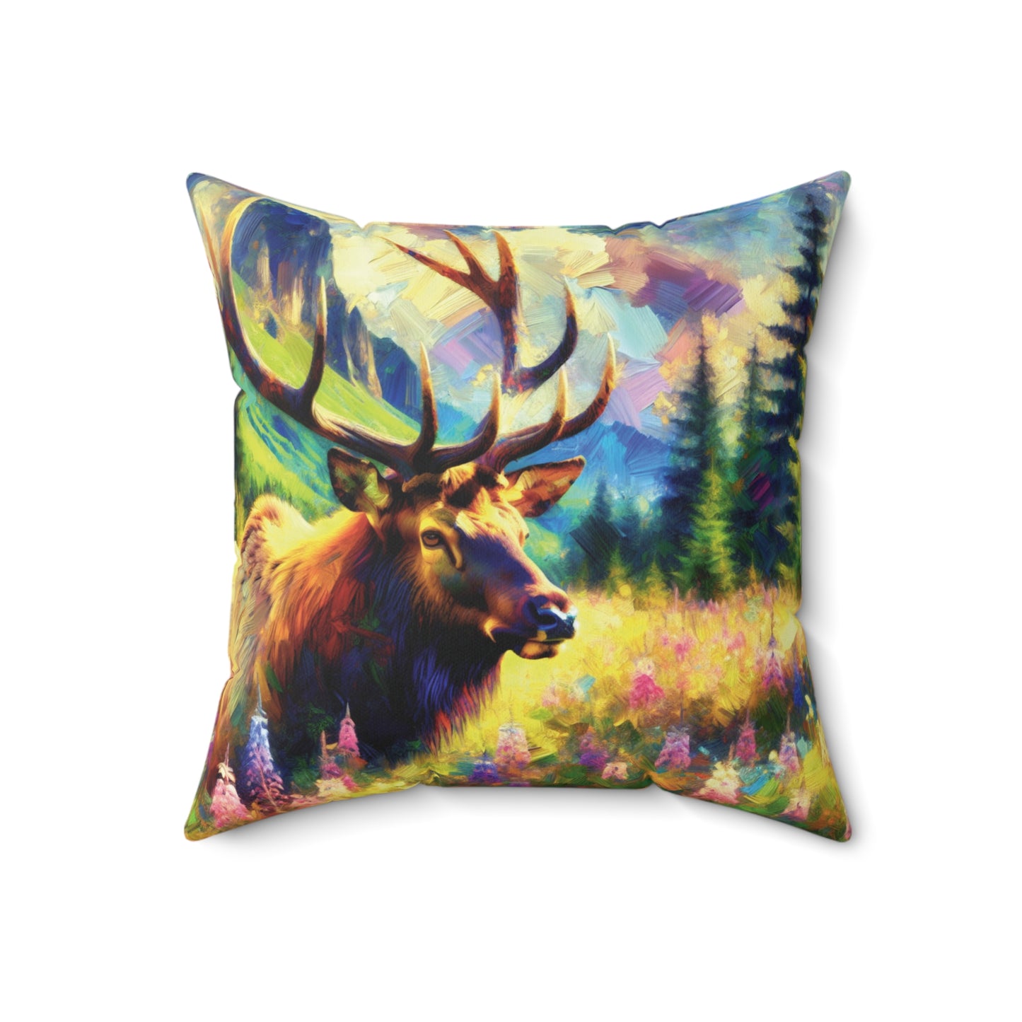 Bull Elk in Mountain Meadow - Square Throw Pillows