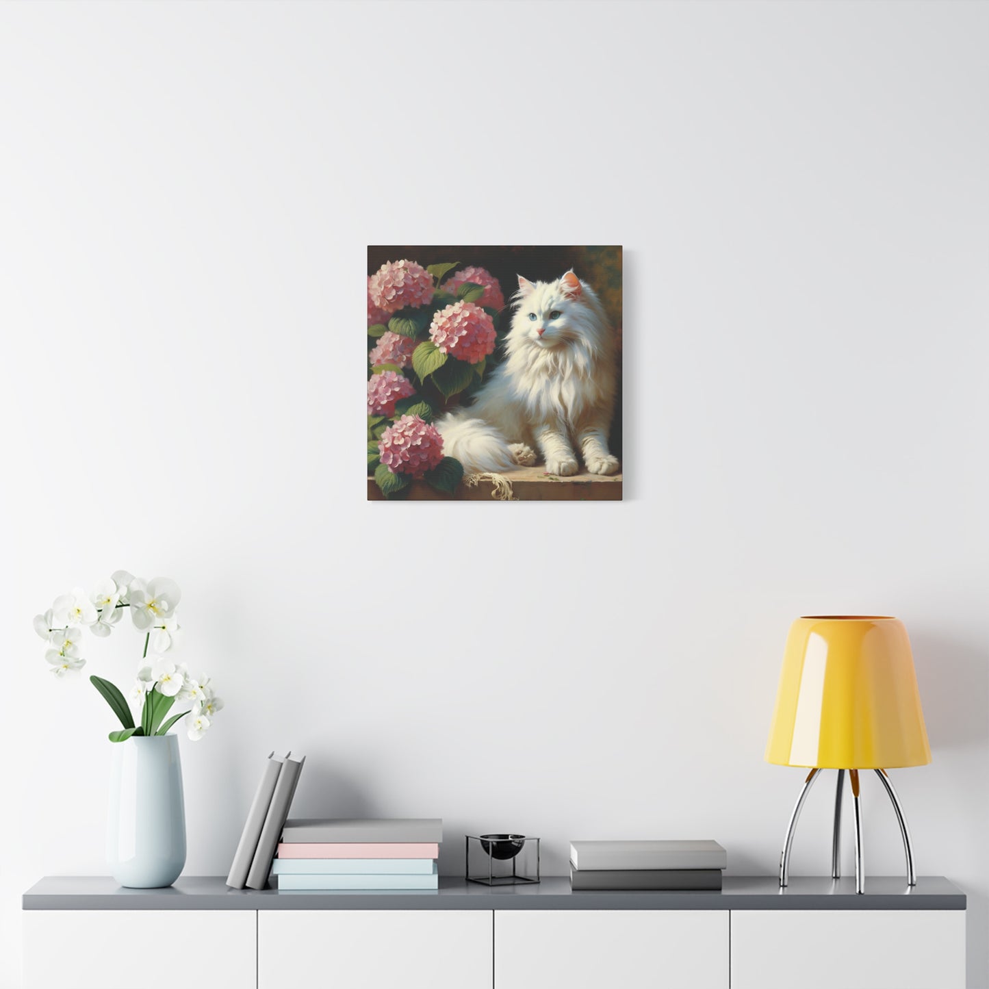 Canvas Wall Art - Blue-Eyed White Cat with Pink Hydrangeas, Impressionist Style Square Print