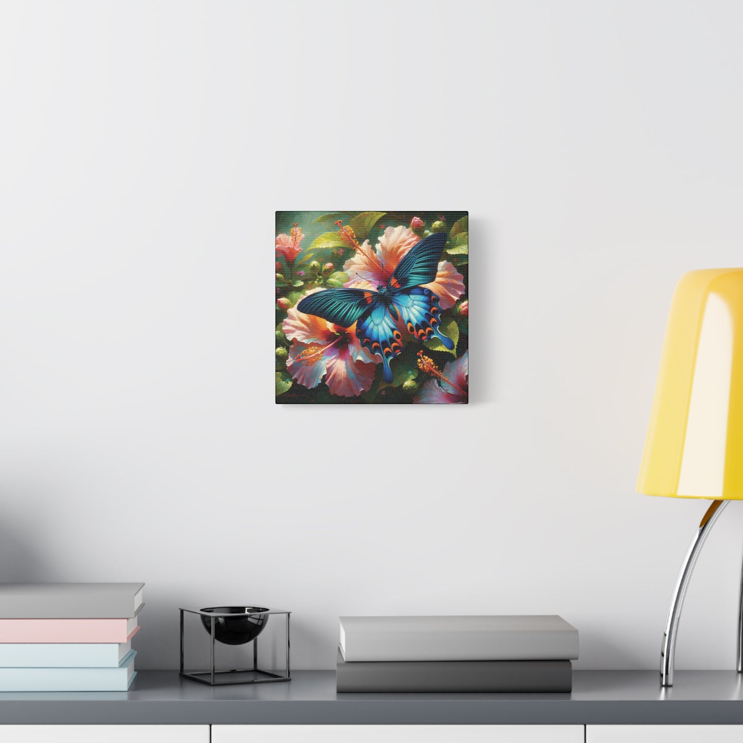 Butterfly Canvas Wall Art - Blue Butterfly with Hibiscus, Impressionist Art Style