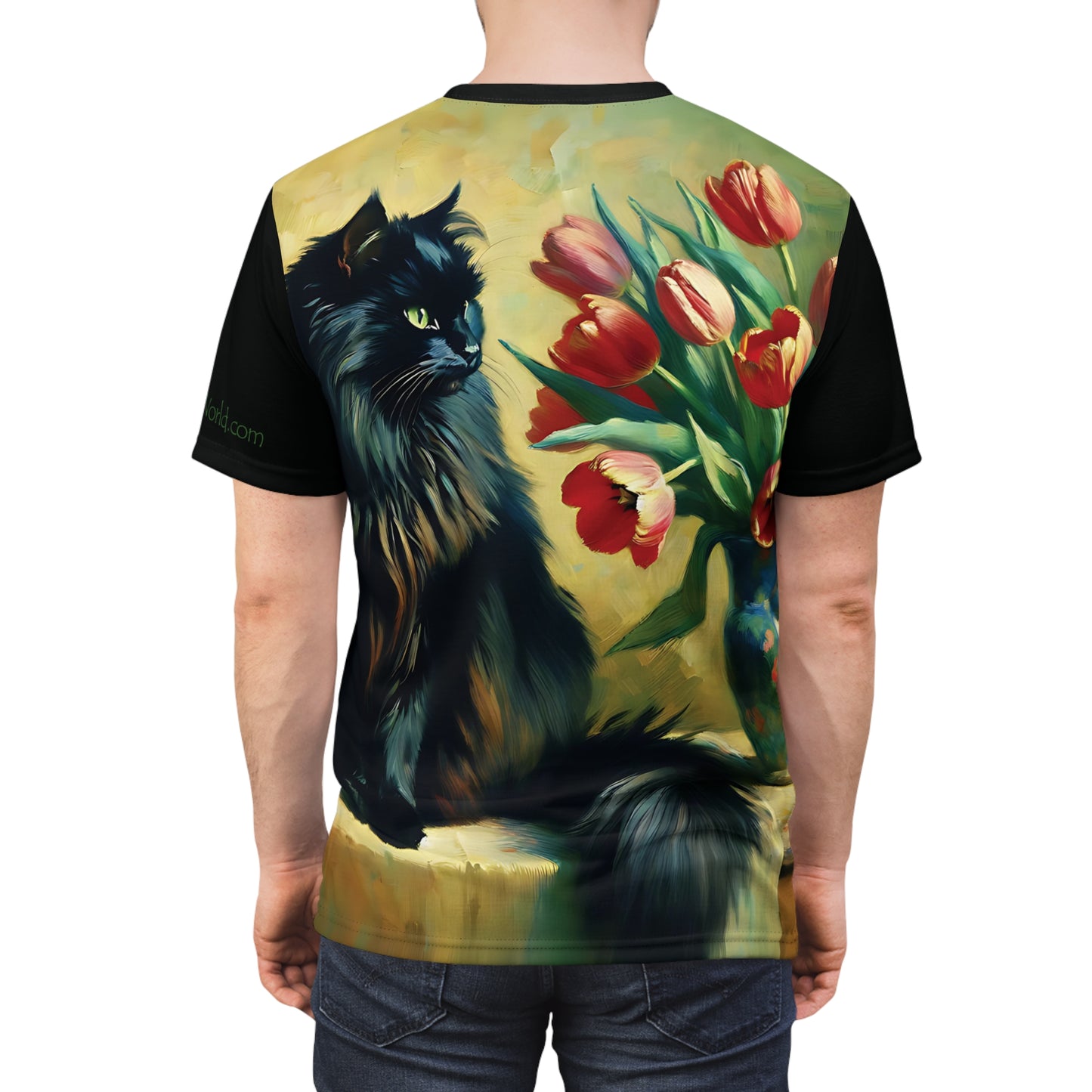 The Artist's Black Cat with Red Tulips Vibrant Art Tee | Colorful Unisex Cut & Sew T-Shirt, Wildlife Apparel, Unique Graphic Tee, Birthday Gift