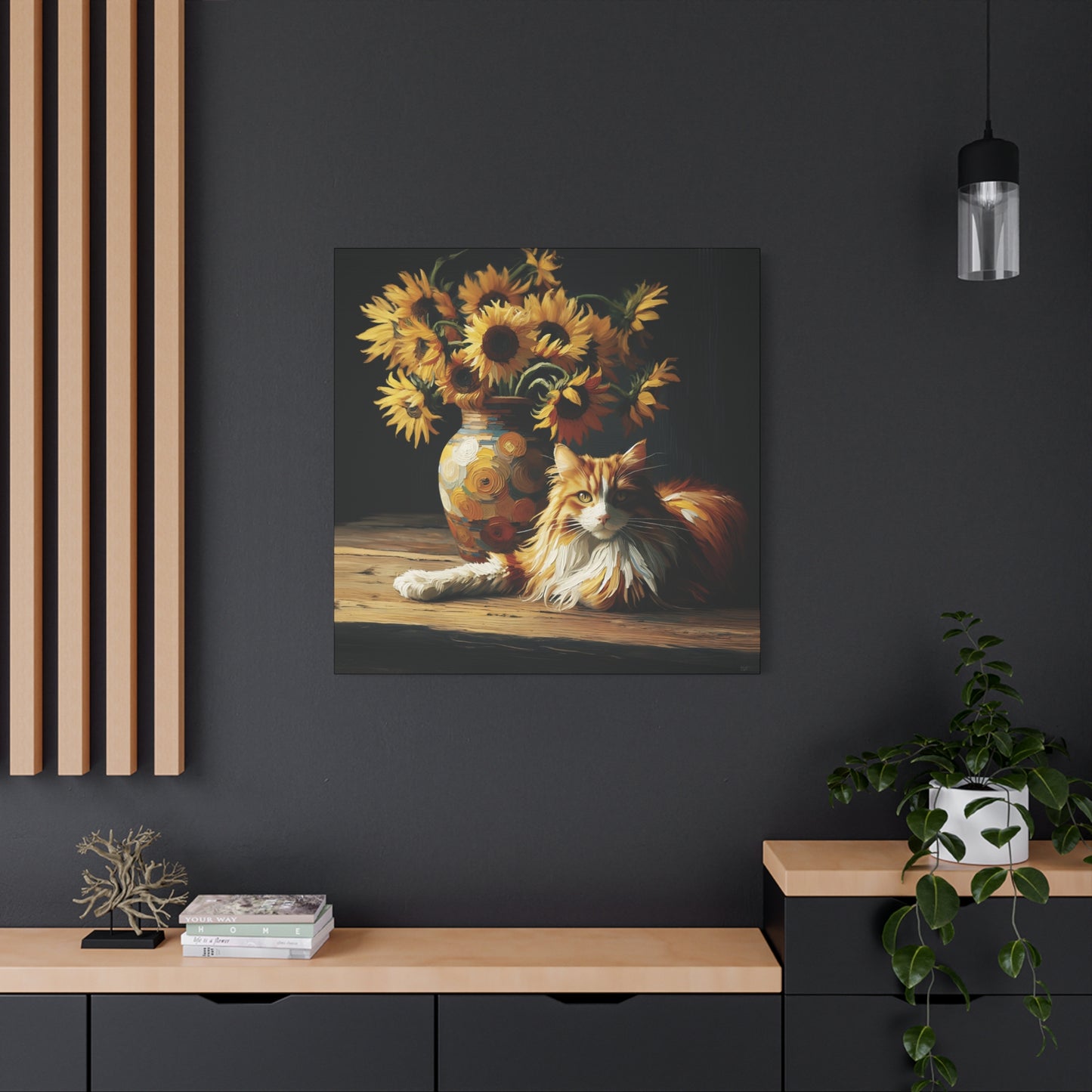 Canvas Wall Art - Orange and White Cat with Sunflowers Old Master Style Art