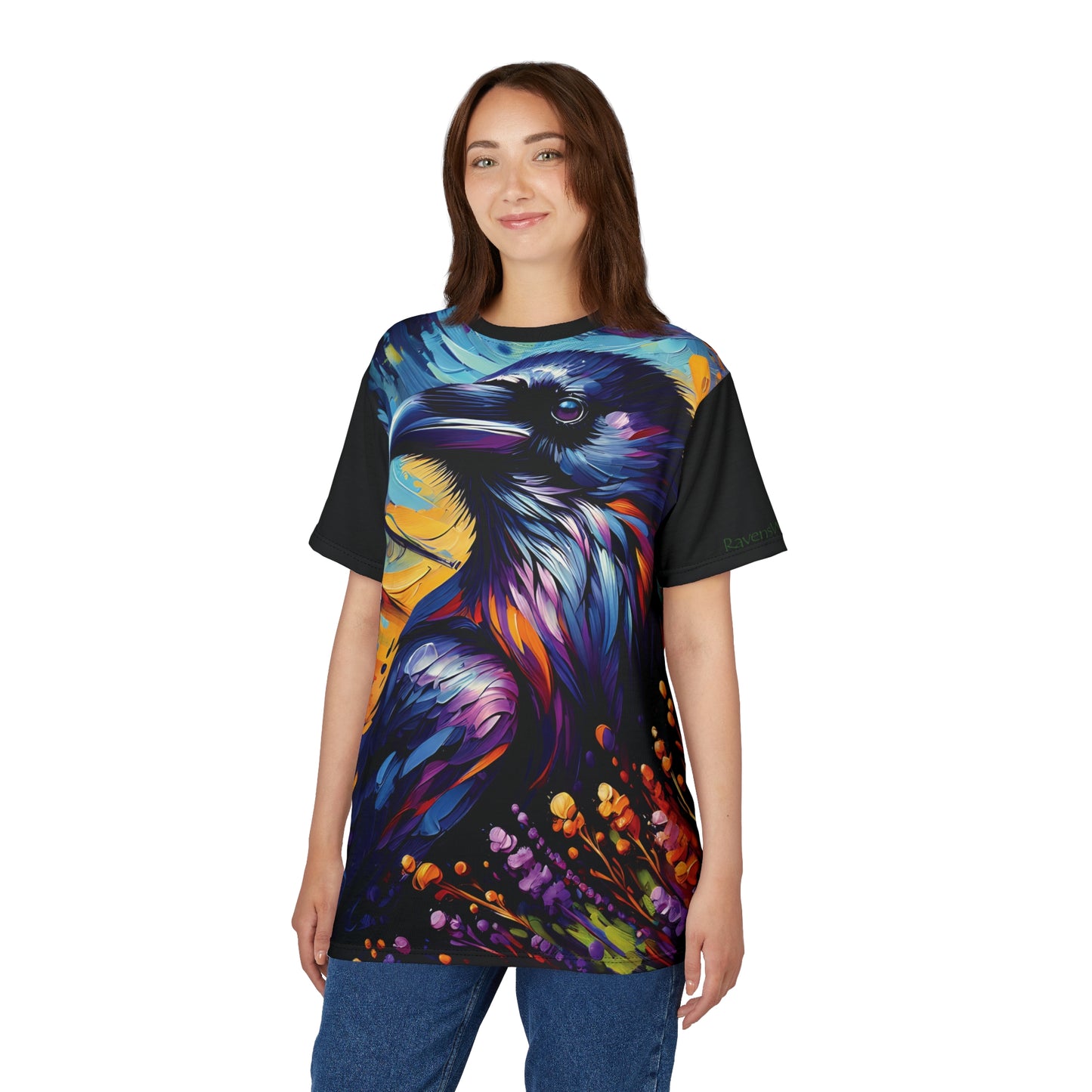 Colorful Raven Portrait Vibrant Art Tee | Colorful Unisex Cut & Sew T-Shirt, Wildlife Apparel, Unique Graphic Tee, Birthday Gift