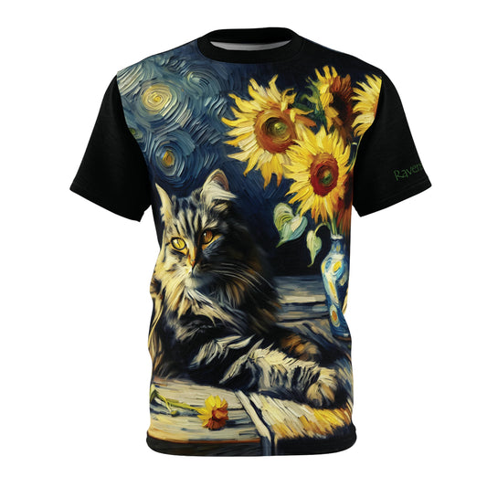 Grey Tabby Cat with Sunflowers Vibrant Art Tee | Colorful Unisex Cut & Sew T-Shirt, Cat Lover Apparel, Unique Graphic Tee, Birthday Gift
