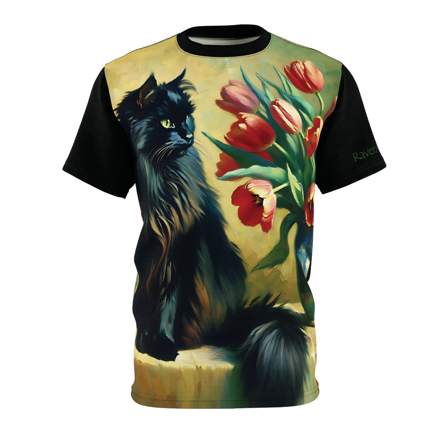 The Artist's Black Cat with Red Tulips Vibrant Art Tee | Colorful Unisex Cut & Sew T-Shirt, Wildlife Apparel, Unique Graphic Tee, Birthday Gift
