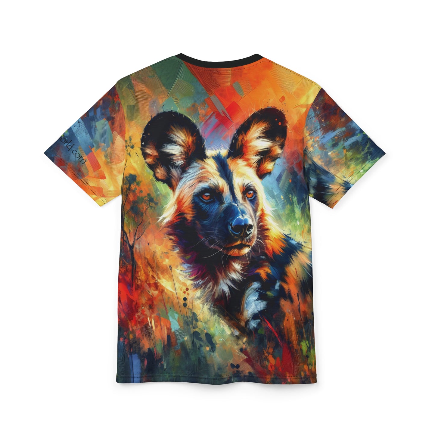 African Wild Dog Portrait Vibrant Art Tee | Colorful Unisex Cut & Sew T-Shirt, Wildlife Apparel, Unique Graphic Tee, Birthday Gift