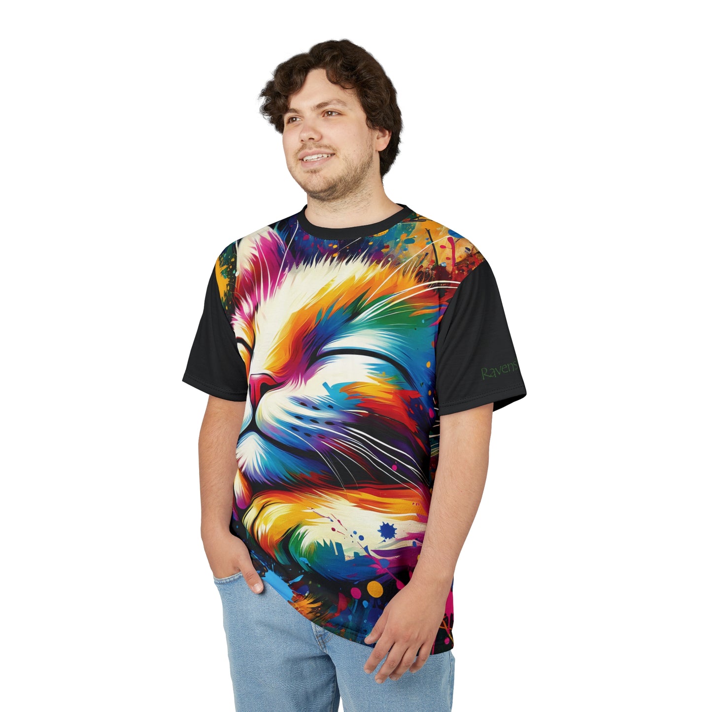 Contented Cat Vibrant Art Tee | Colorful Unisex Cut & Sew T-Shirt, Wildlife Apparel, Unique Graphic Tee, Birthday Gift